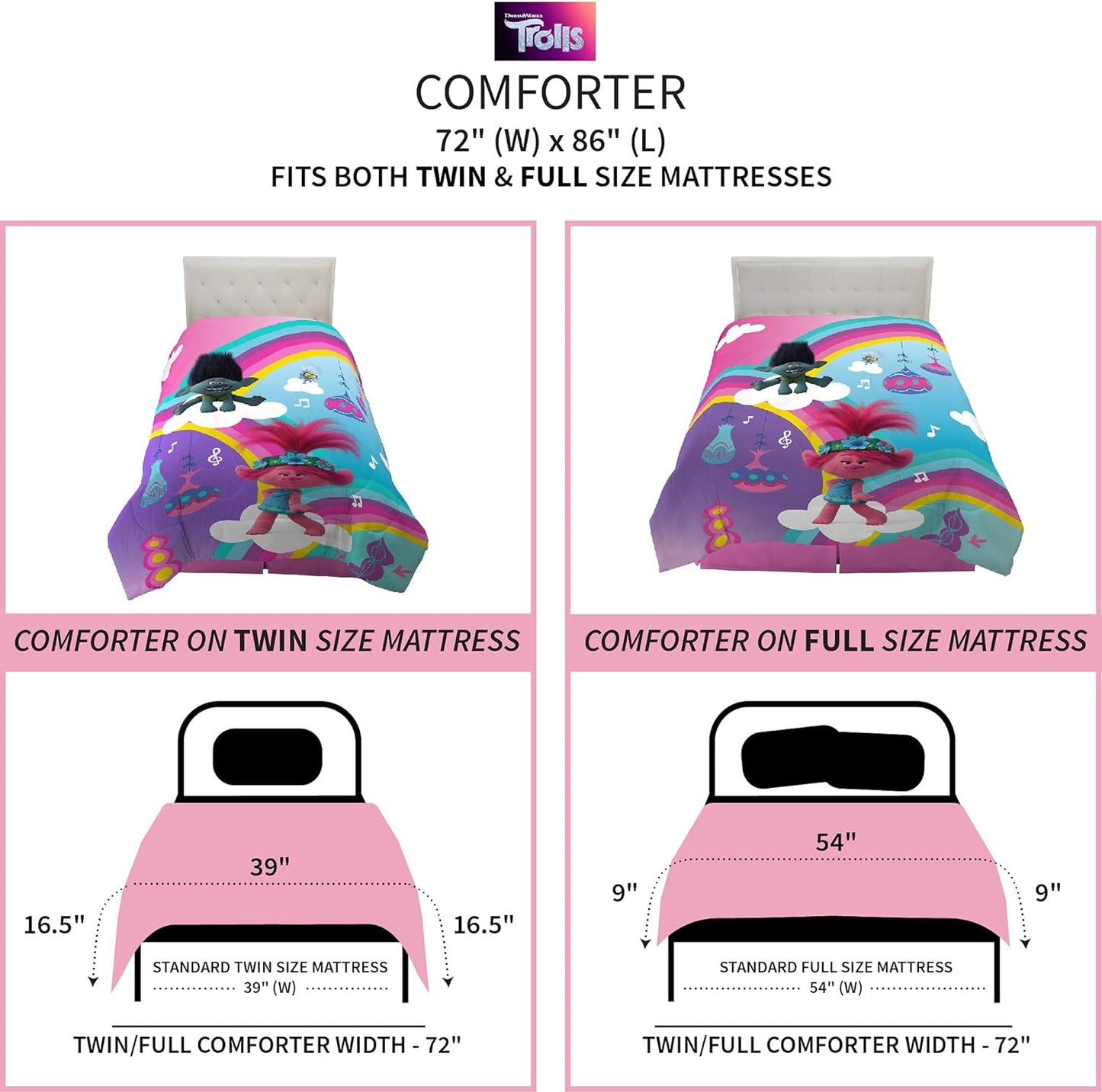 Trolls World Tour Super Soft Twin Full  Reversible Comforter Kids Bedding Purple