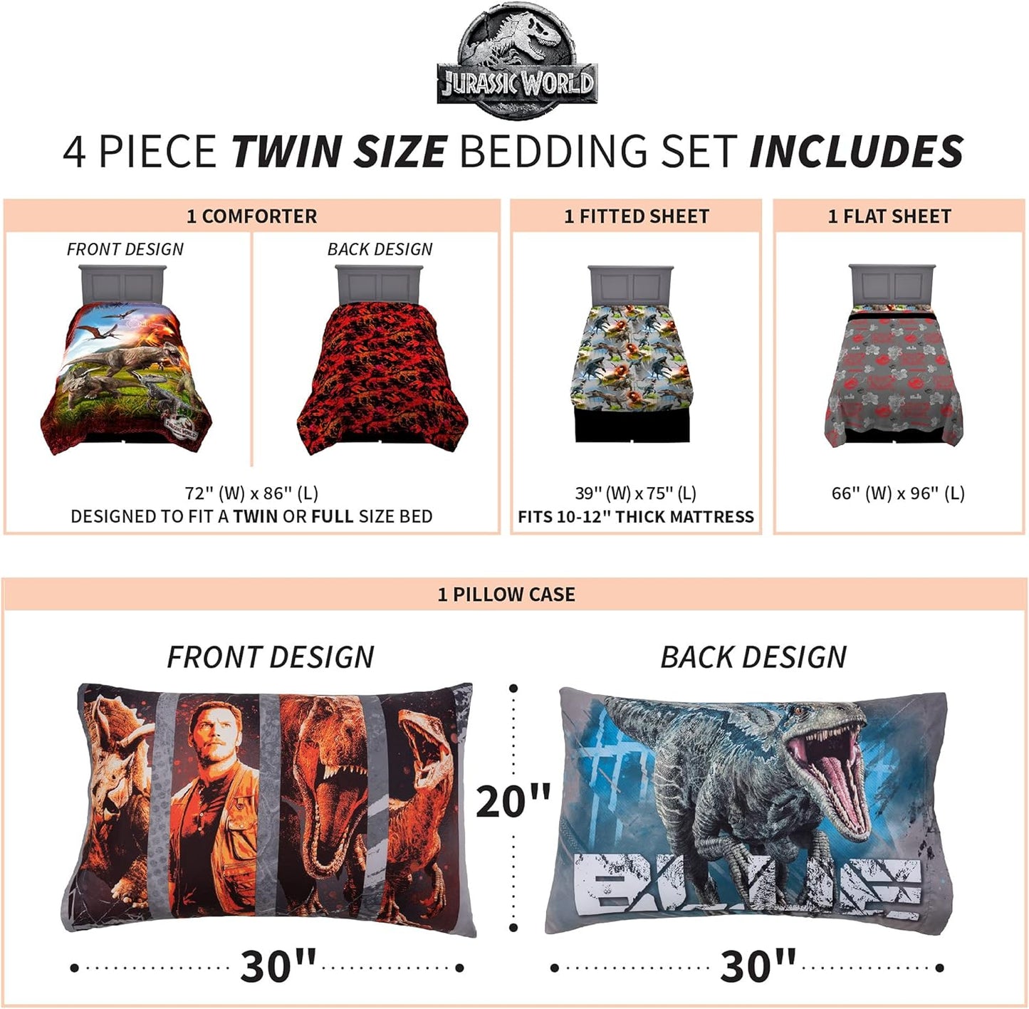 Comforter and Sheet Set 4 Piece Twin Size Bedding Jurassic World Super Soft Microfiber