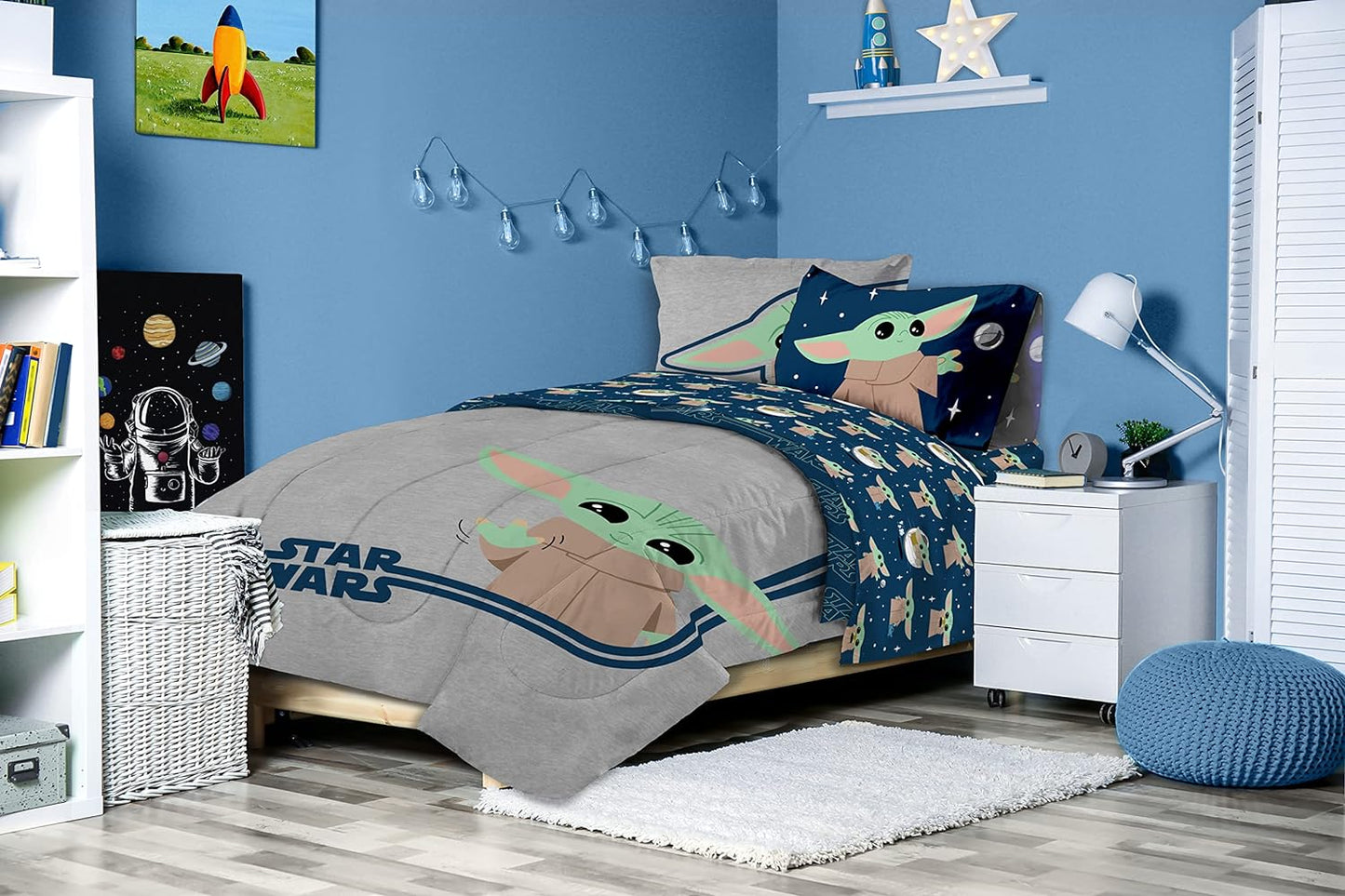 Jay Franco Star Wars The Mandalorian Hello Grogu 7 Piece Full Size Bed Set - Includes Comforter & Sheet Set -