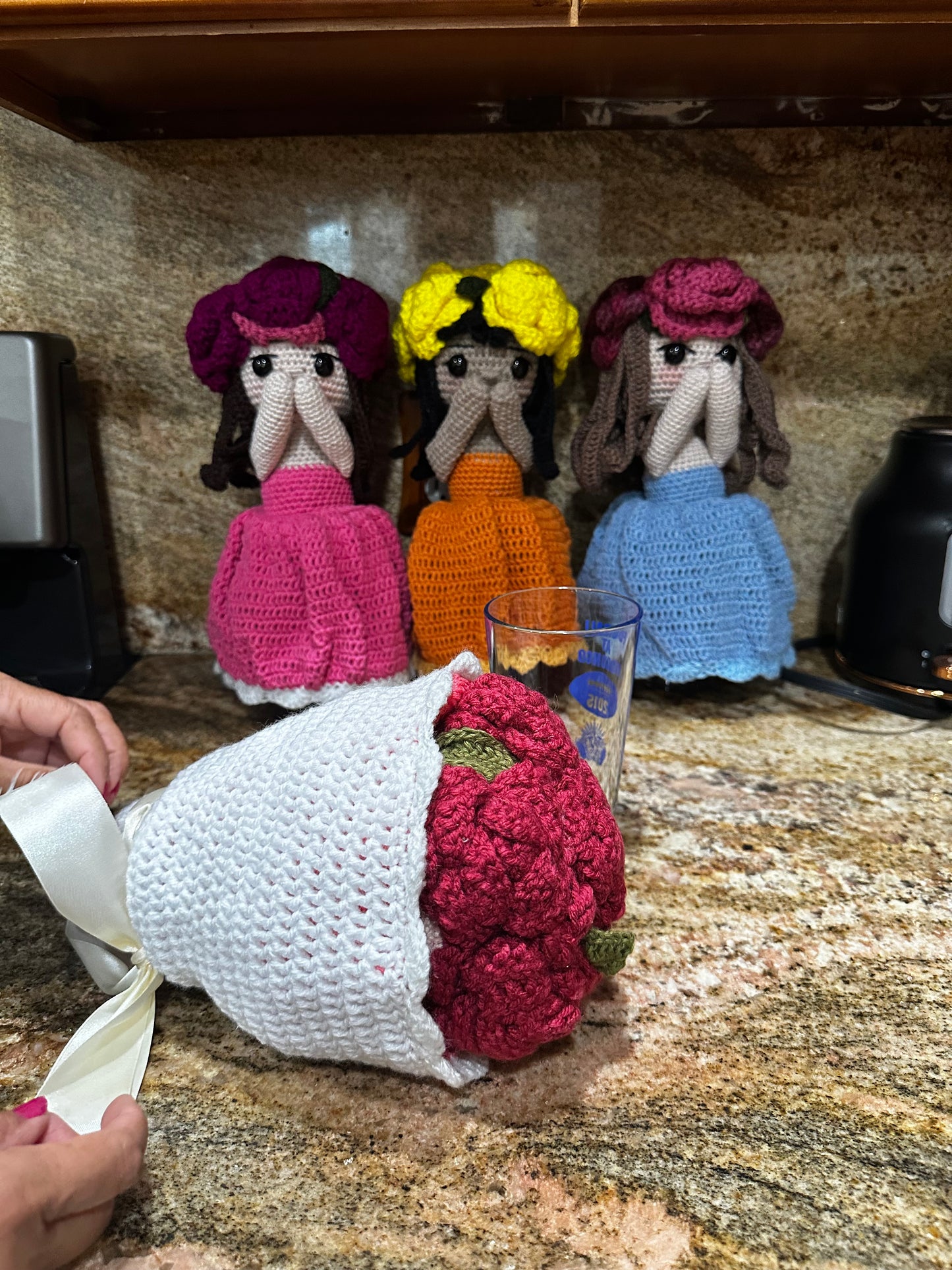 Unique Handmade Crocheted Yellow Dress Doll Flower Bouquet