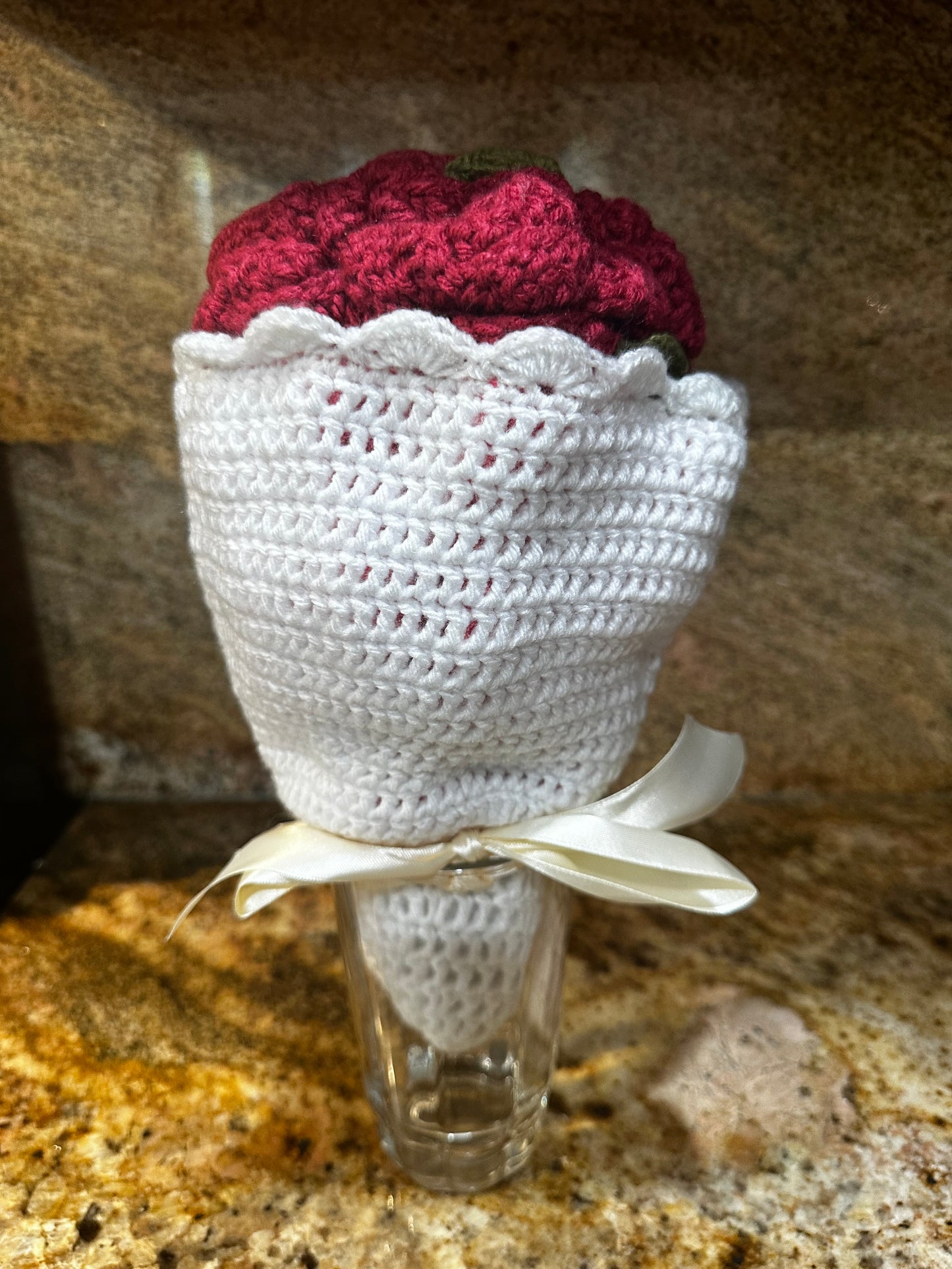 Unique Handmade Crocheted Peach Coral Dress Doll Flower Bouquet