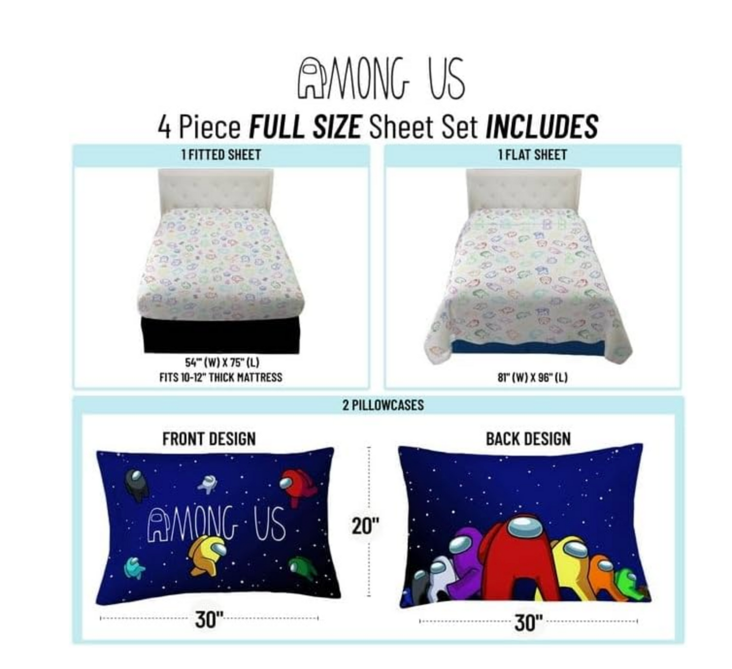 4 Pieces Among Us Crewmates Full Size Sheet Set