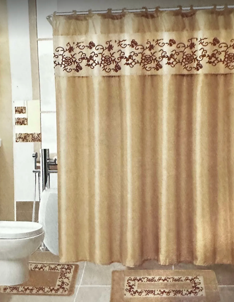18 Piece Bath Rugs, Shower Curtain, Hooks, Towel Set Light Brown - Taupe
