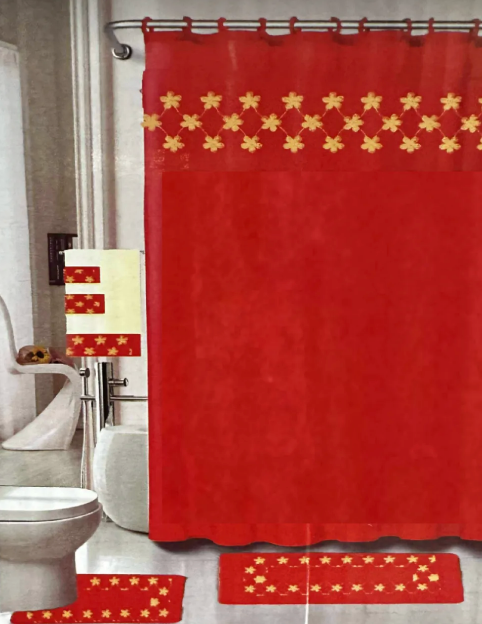 18 Piece Bath Rugs, Shower Curtain, Hooks, Towel Set Red