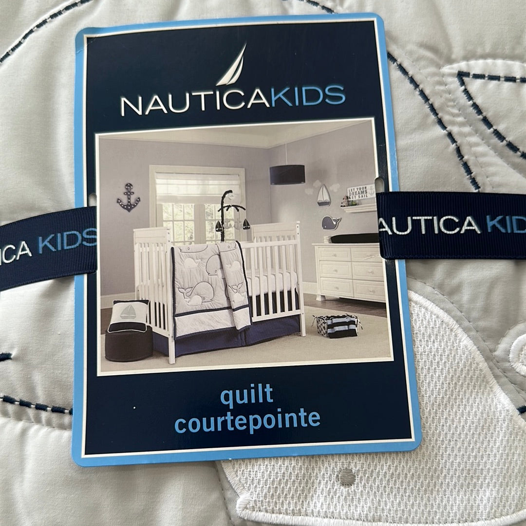 Nautica Kids Nursery Separates Appliqued Whale Crib Size Comforter, Gray/Navy/White