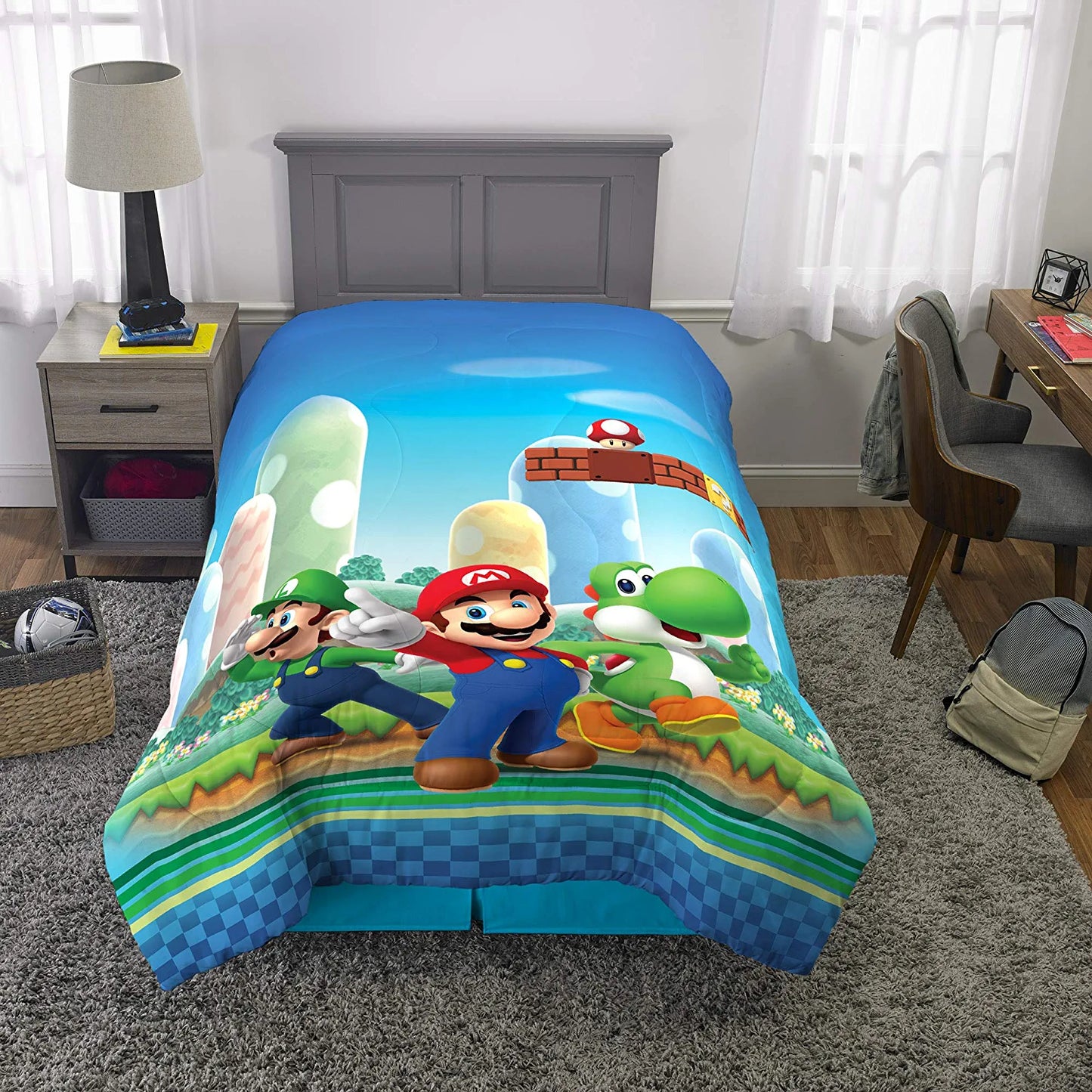 Kids Bedding Super Soft Microfiber Reversible Comforter, Twin/Full, Mario