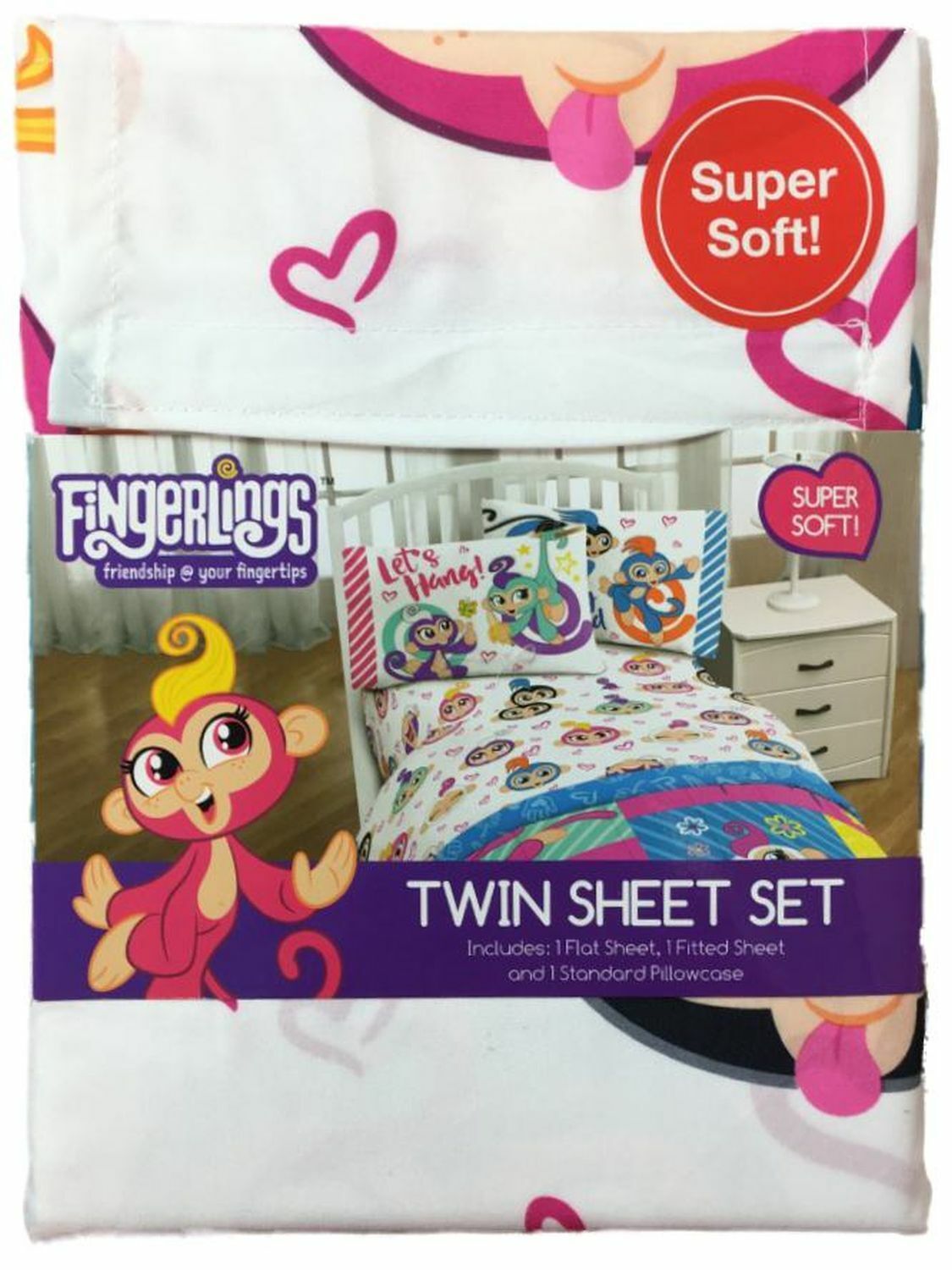 3 Pieces WowWee Monkey Fingerlings Twin Size Sheet Set