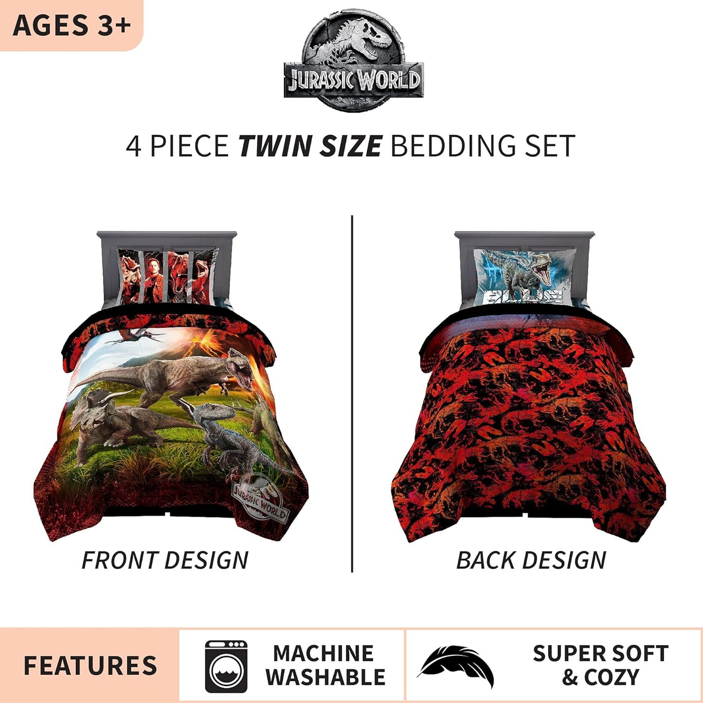 Comforter and Sheet Set 4 Piece Twin Size Bedding Jurassic World Super Soft Microfiber