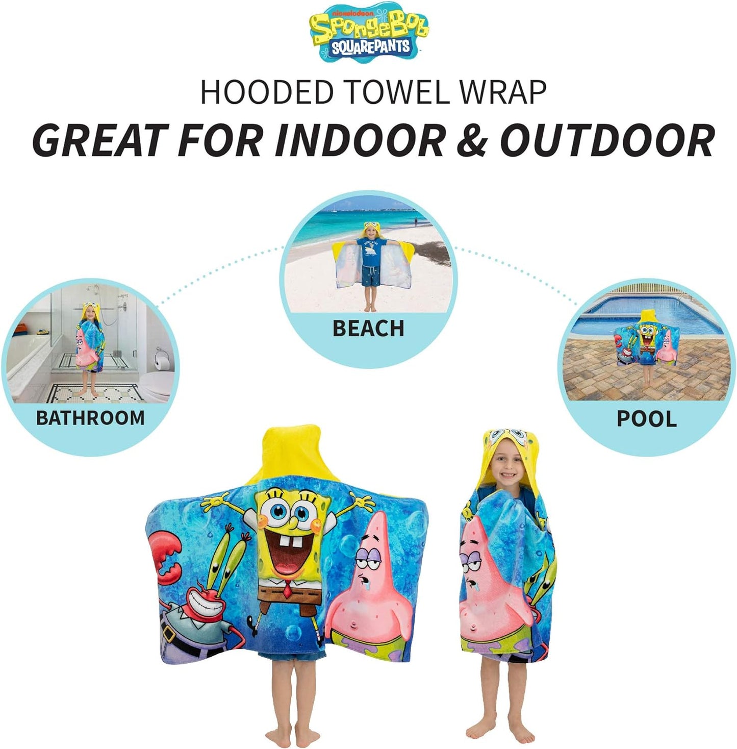 Bath or Beach Hooded Towel Wrap 24"x50" SpongeBob SquarePants Kids Cotton Terry Towel