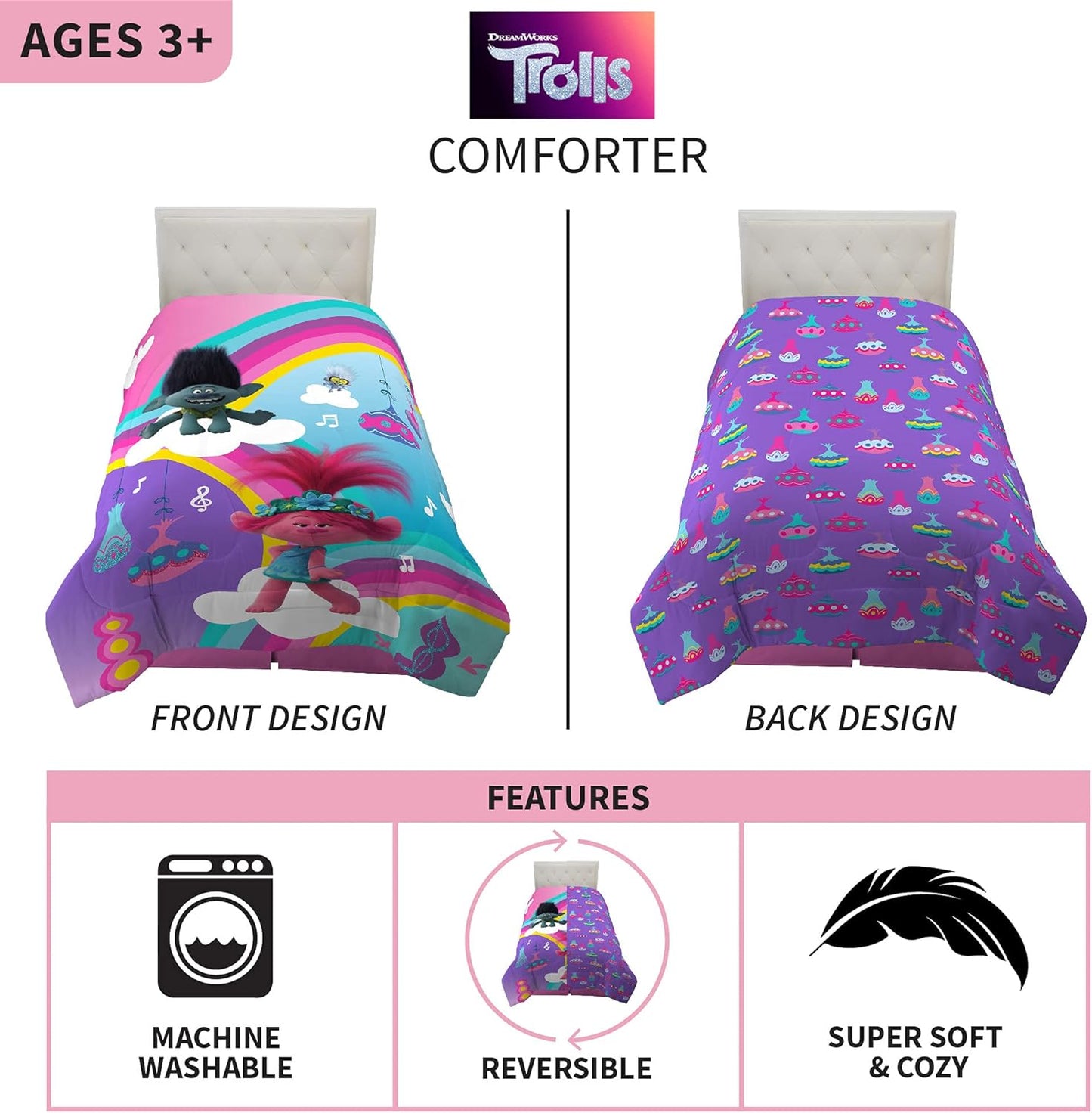 Trolls World Tour Super Soft Twin Full  Reversible Comforter Kids Bedding Purple