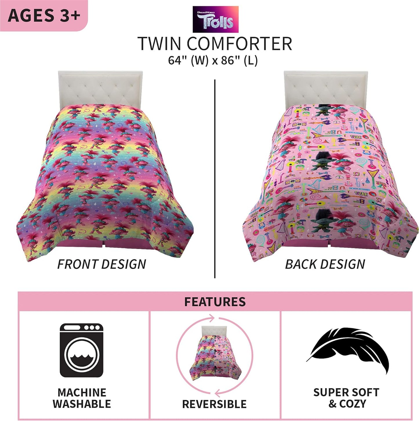 Trolls World Tour Twin Reversible Comforter Kids Bedding Rainbow