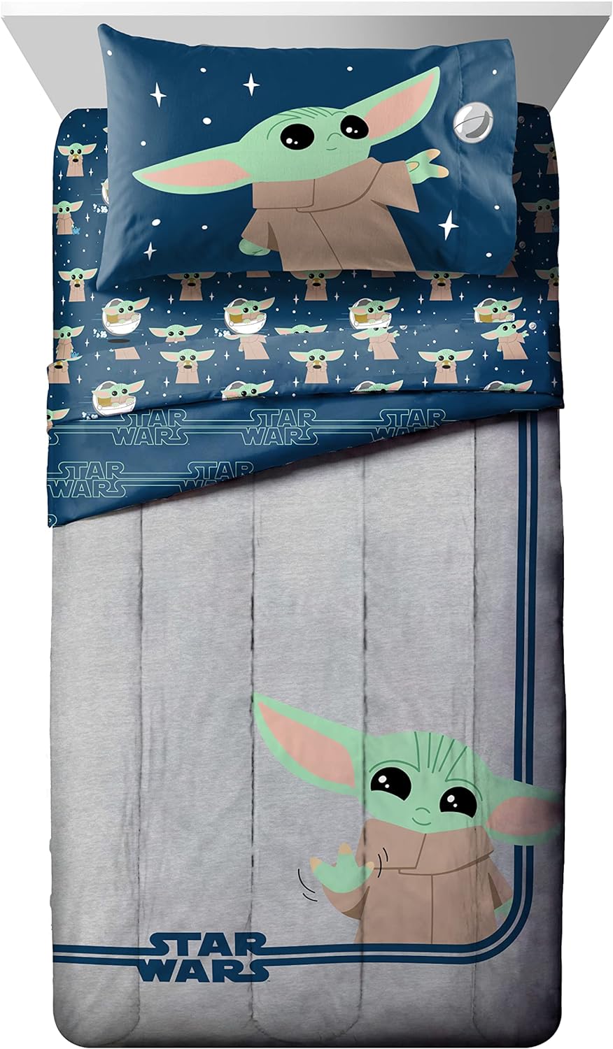 Jay Franco Star Wars The Mandalorian Hello Grogu 7 Piece Full Size Bed Set - Includes Comforter & Sheet Set -