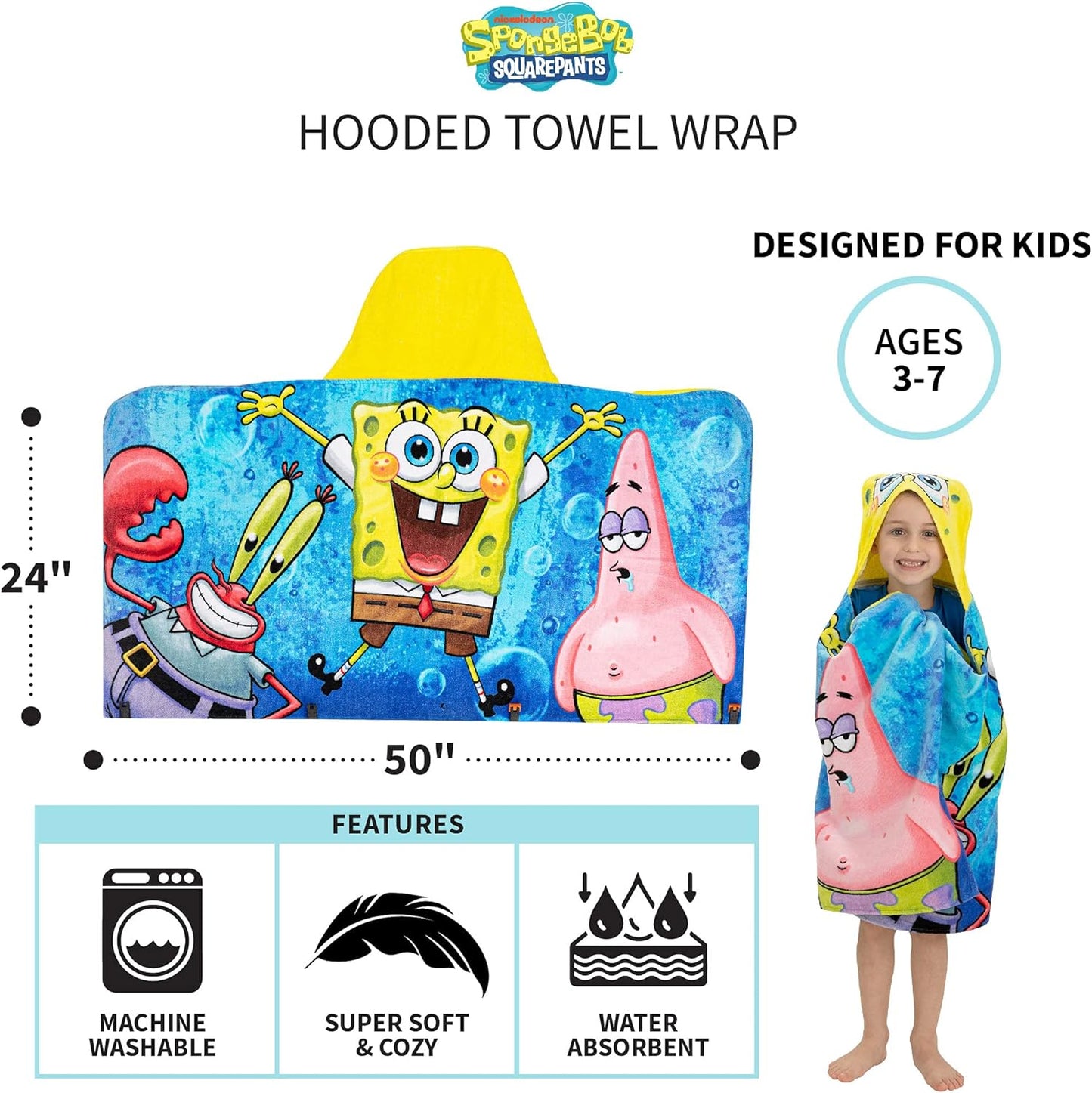 Bath or Beach Hooded Towel Wrap 24"x50" SpongeBob SquarePants Kids Cotton Terry Towel