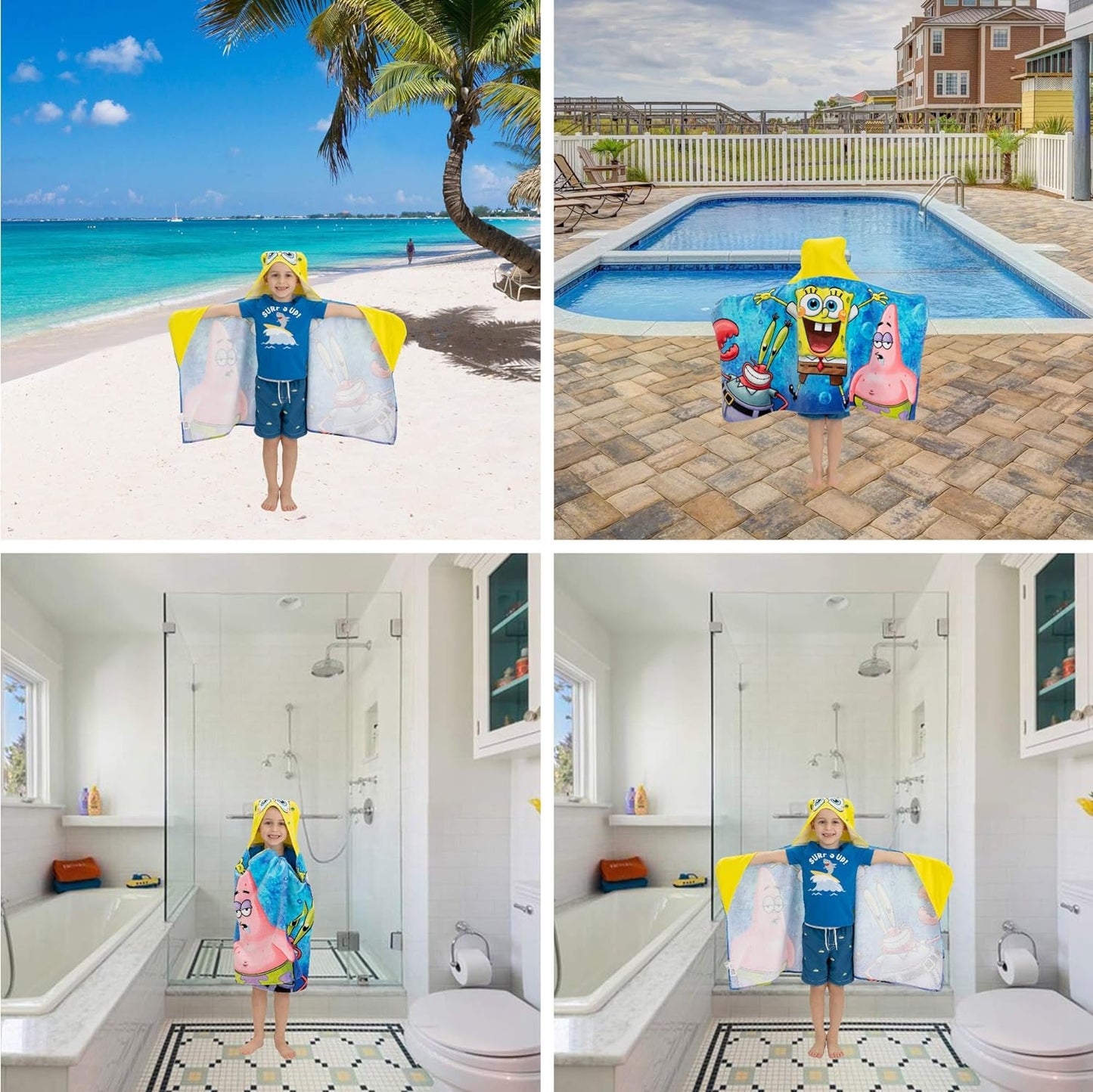 Bath or Beach Hooded Towel Wrap 24"x50" SpongeBob SquarePants Kids Cotton Terry Towel