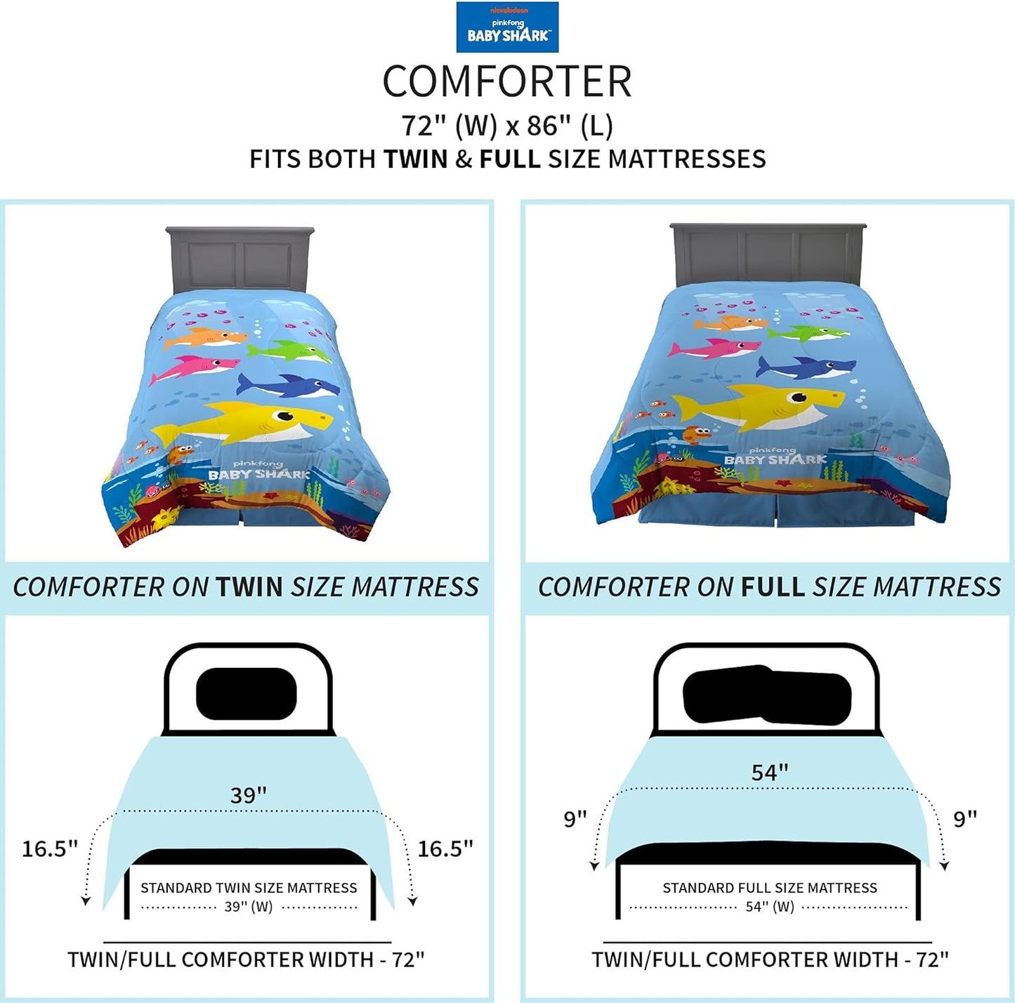 Baby Shark Soft Reversible Comforter Kids Bedding  Twin/Full 2 Pieces