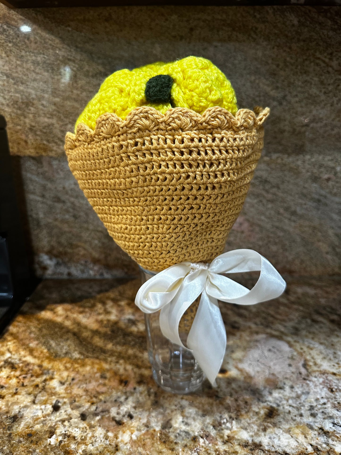 Unique Handmade Crocheted Orange Dress Doll Flower Bouquet