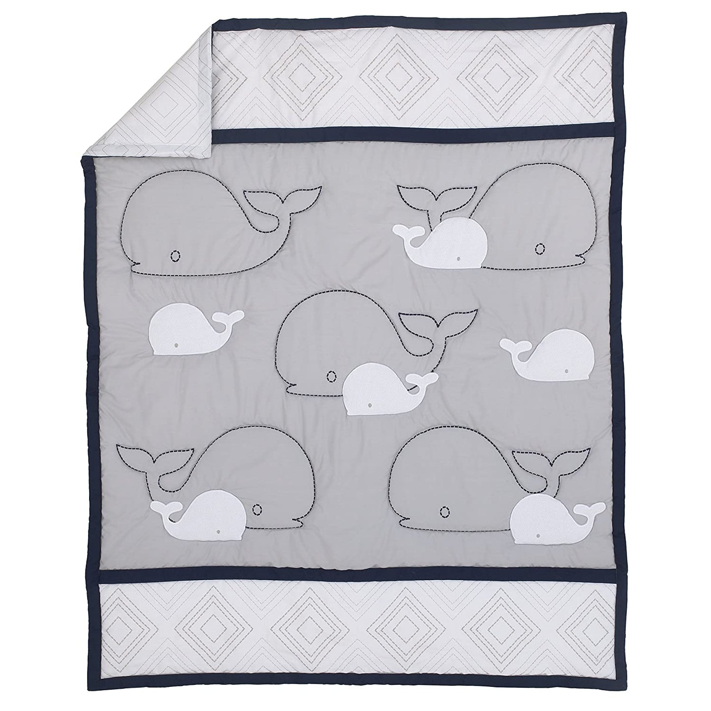 Nautica Kids Nursery Separates Appliqued Whale Crib Size Comforter, Gray/Navy/White