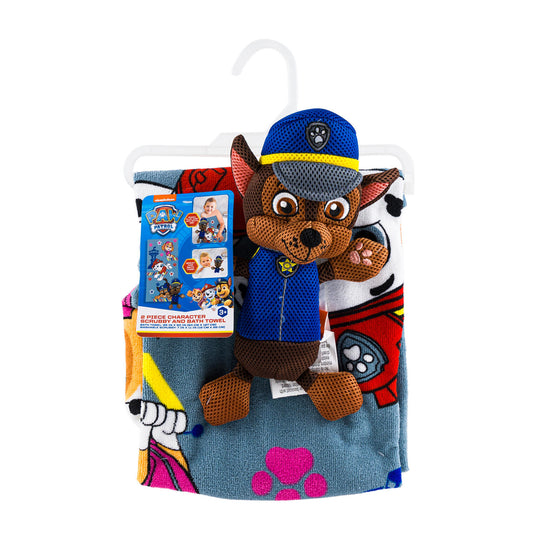 Paw Patrol Kids Chase Bath Towel and Character Scrubby Set, Gray, Nickelodeon