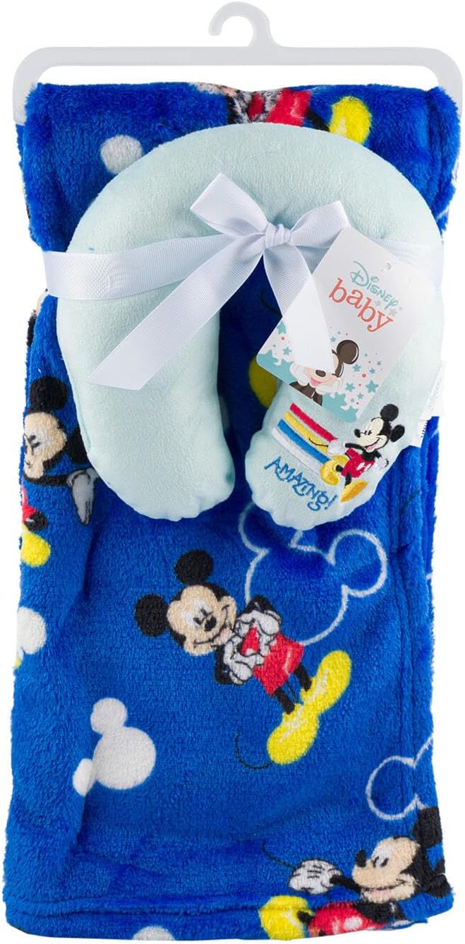 Baby Mickey Mouse Blue Blanket and Headrest Set- Great Headrest Pillow for Travel
