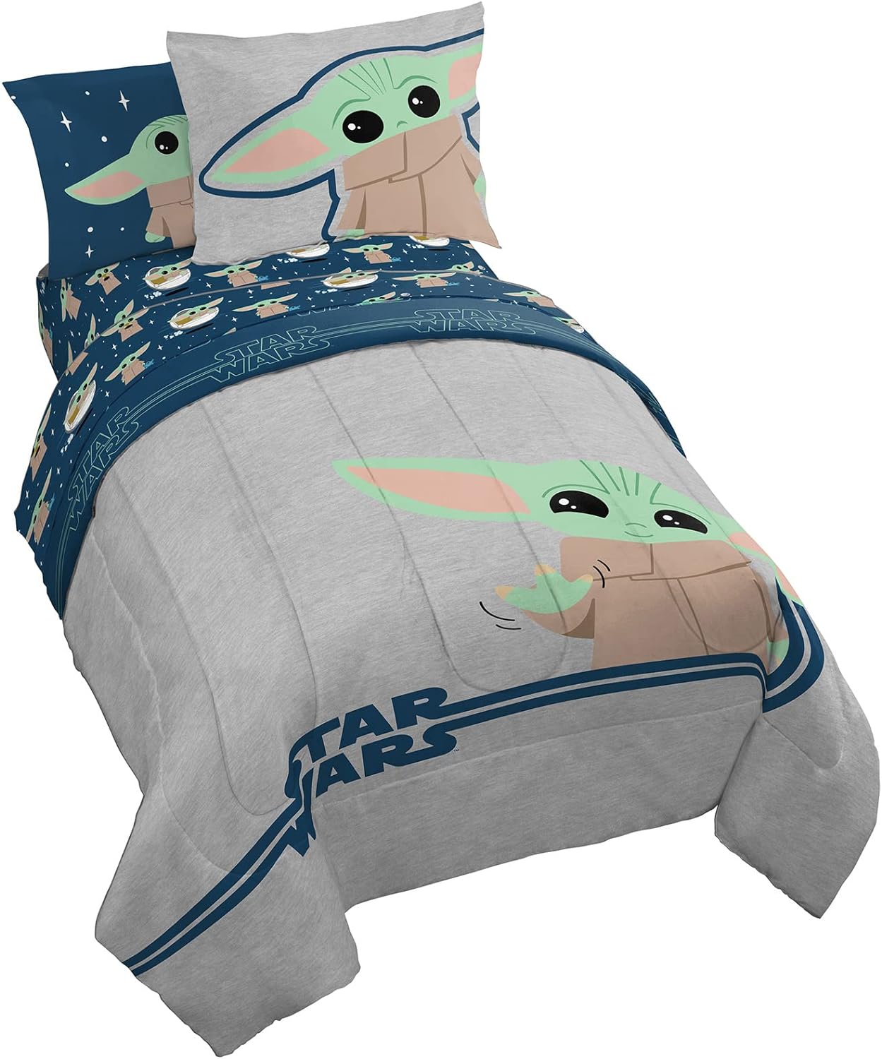 Jay Franco Star Wars The Mandalorian Hello Grogu 7 Piece Full Size Bed Set - Includes Comforter & Sheet Set -