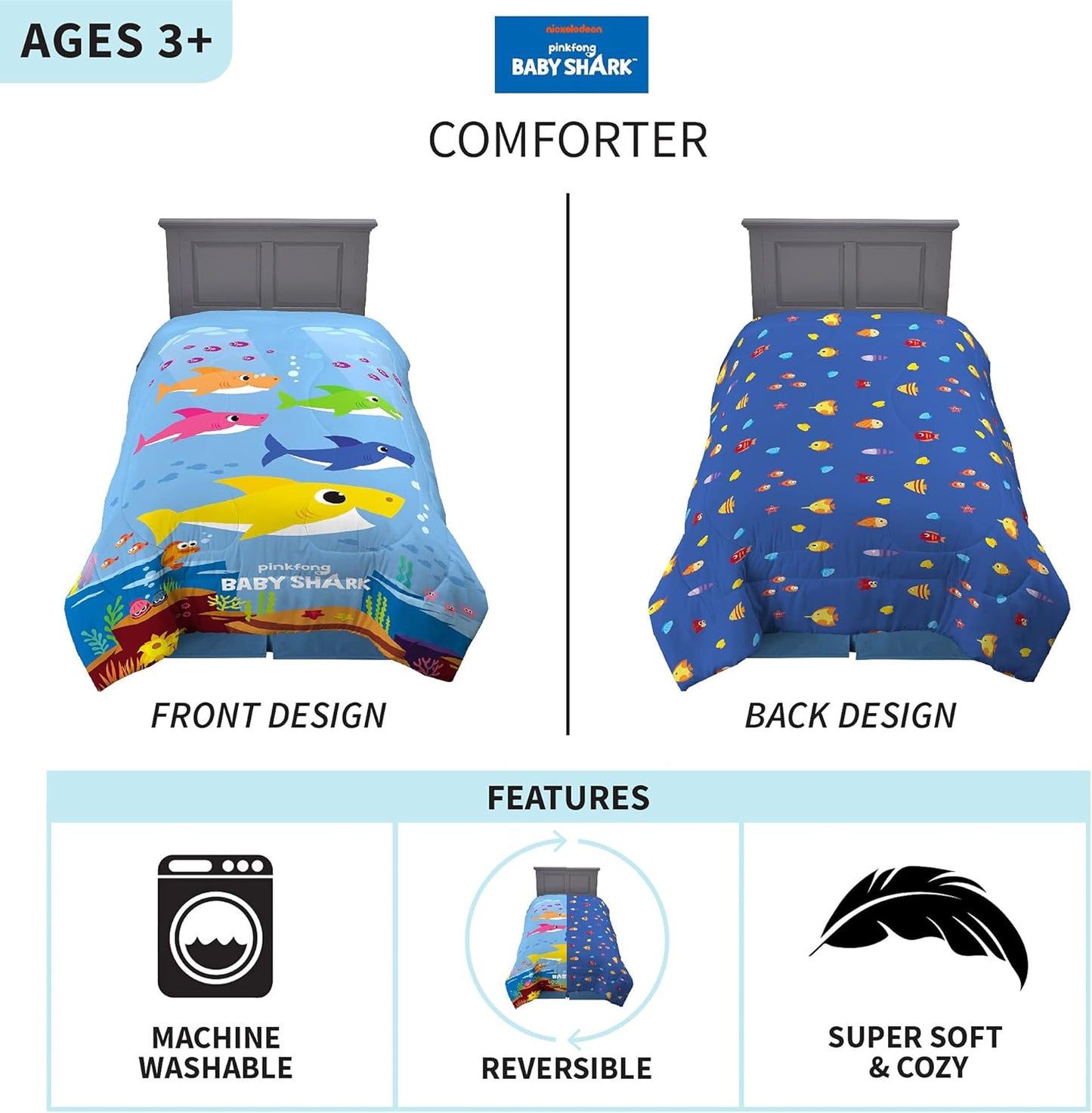 Baby Shark Soft Reversible Comforter Kids Bedding  Twin/Full 2 Pieces