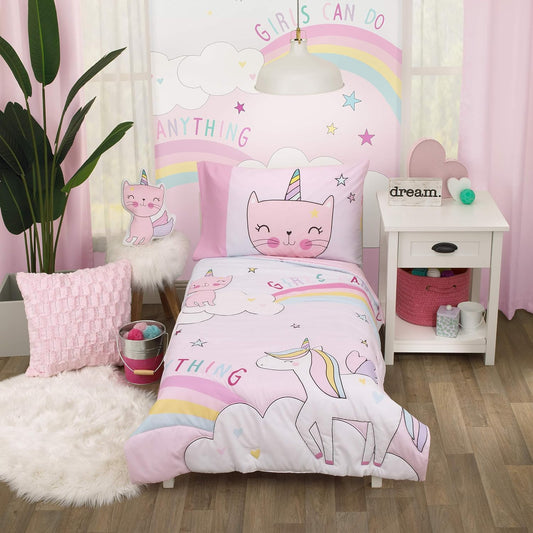 Caticorn Girl Power Pink Unicorn Toddler - Crib Size Bedding Comforter Set