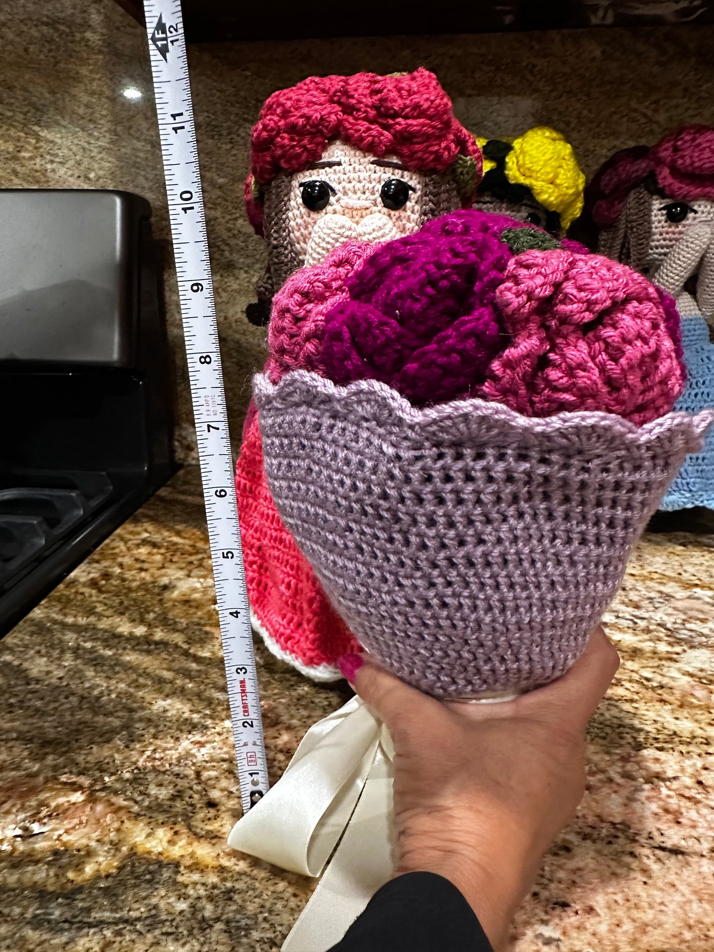 Unique Handmade Crocheted Magenta Dress Doll Flower Bouquet