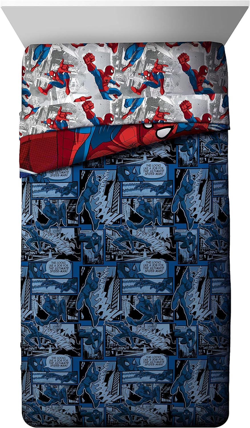 Marvel Spiderman Burst 4 Piece Twin Bed Set - Includes Reversible Comforter & Sheet Set – Bedding