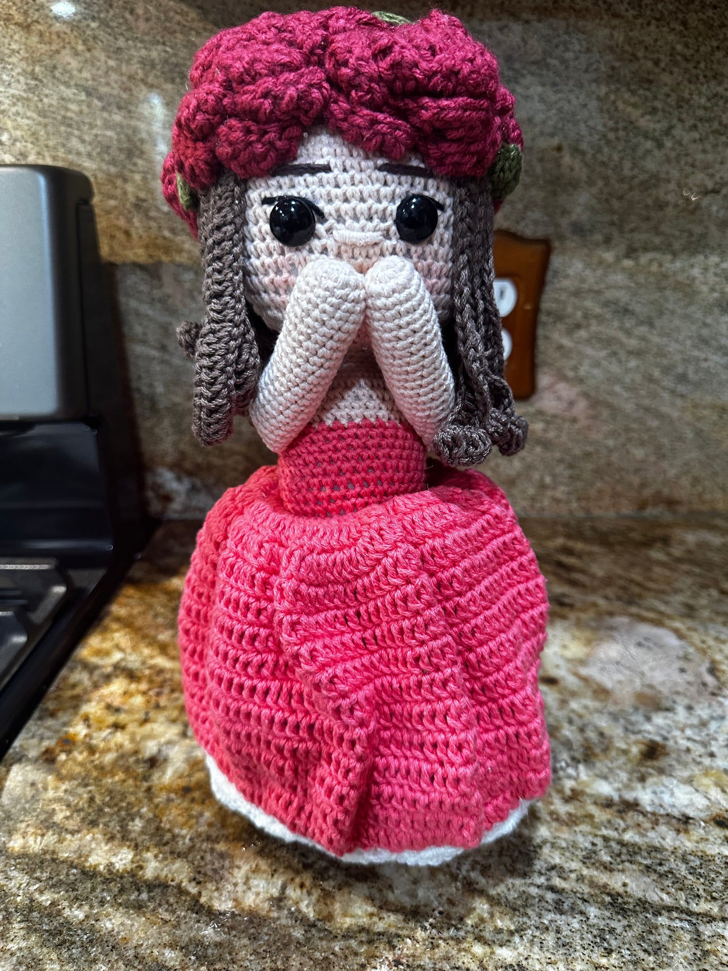 Unique Handmade Crocheted Peach Coral Dress Doll Flower Bouquet