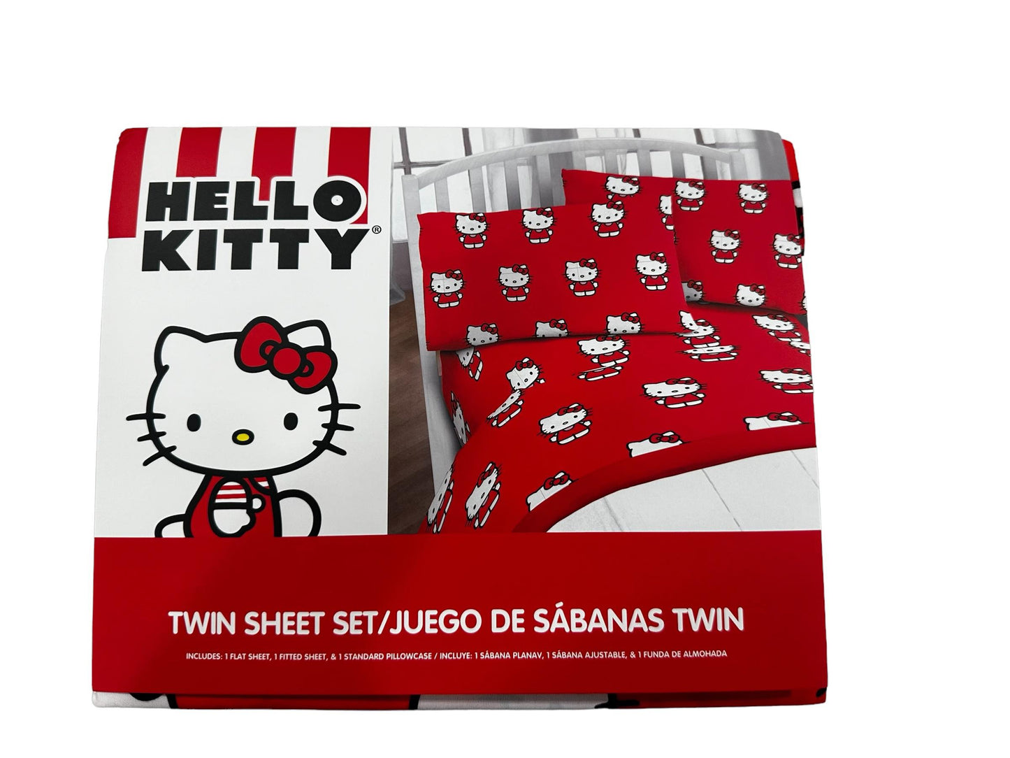 Hello Kitty Twin Size Sheet Set 3 Pieces "Classic Girl In Red" Red Kids Set