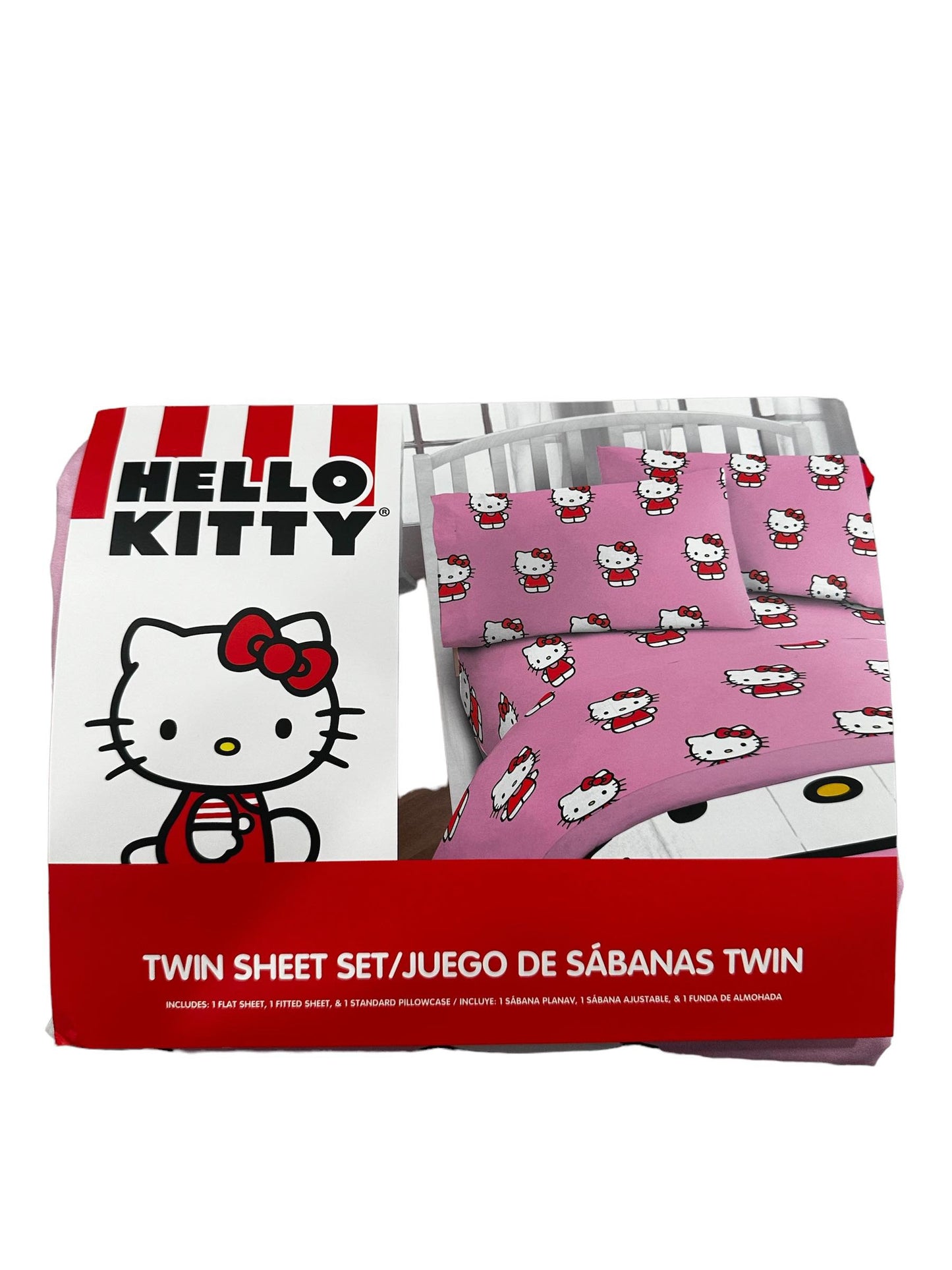 Hello Kitty Twin Size Sheet Set 3 Pieces "Classic Girl In Red" Pink Kids Set