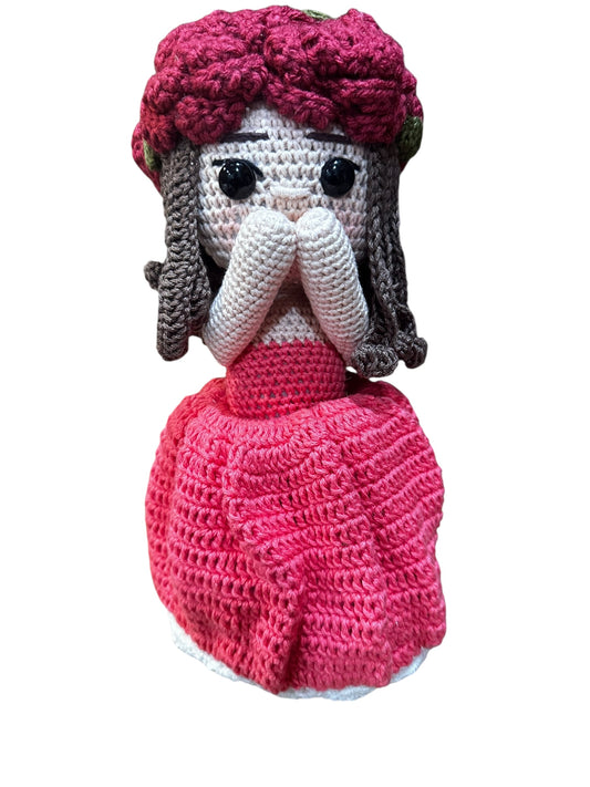 Unique Handmade Crocheted Peach Coral Dress Doll Flower Bouquet