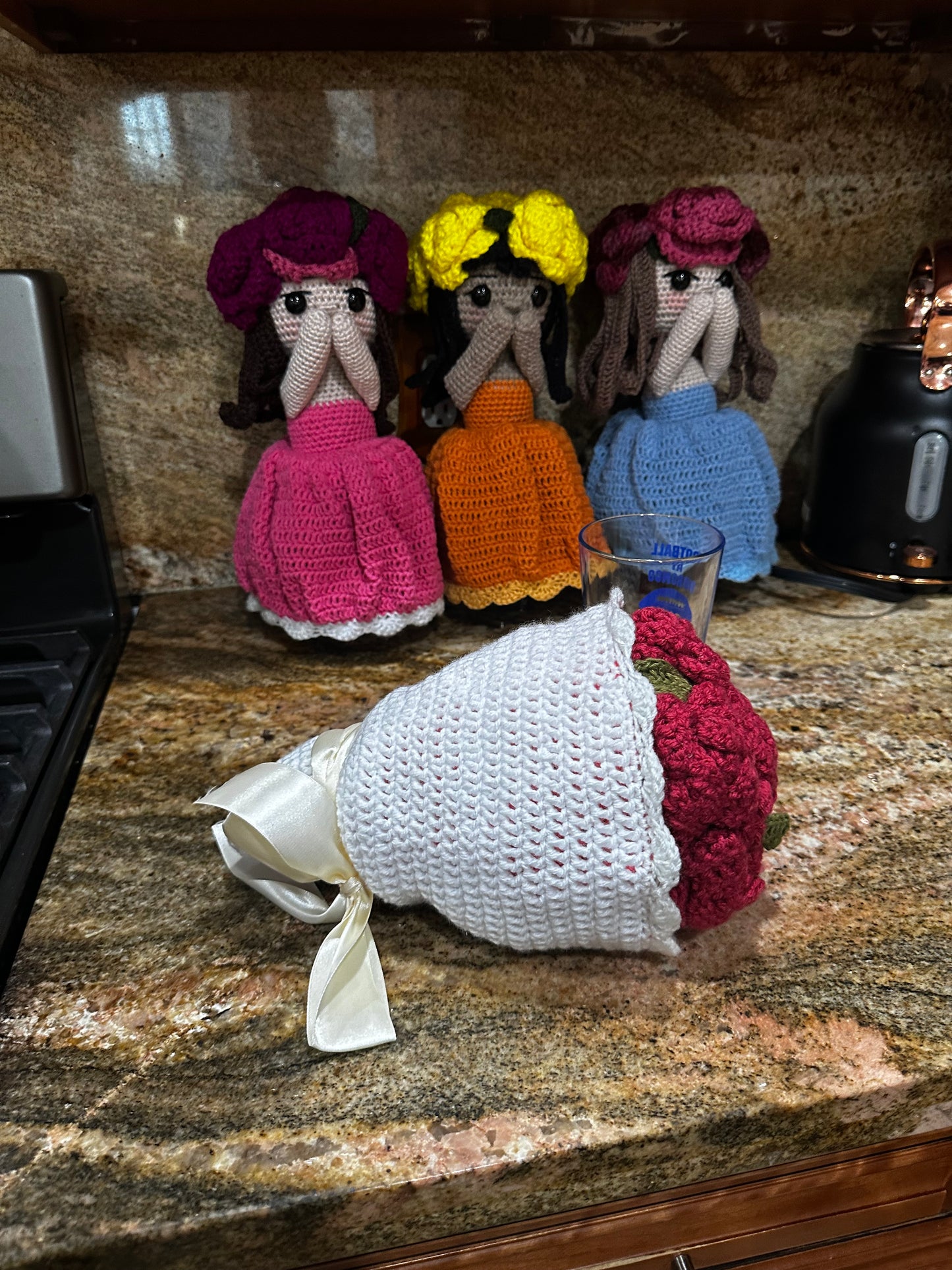 Unique Handmade Crocheted Peach Coral Dress Doll Flower Bouquet
