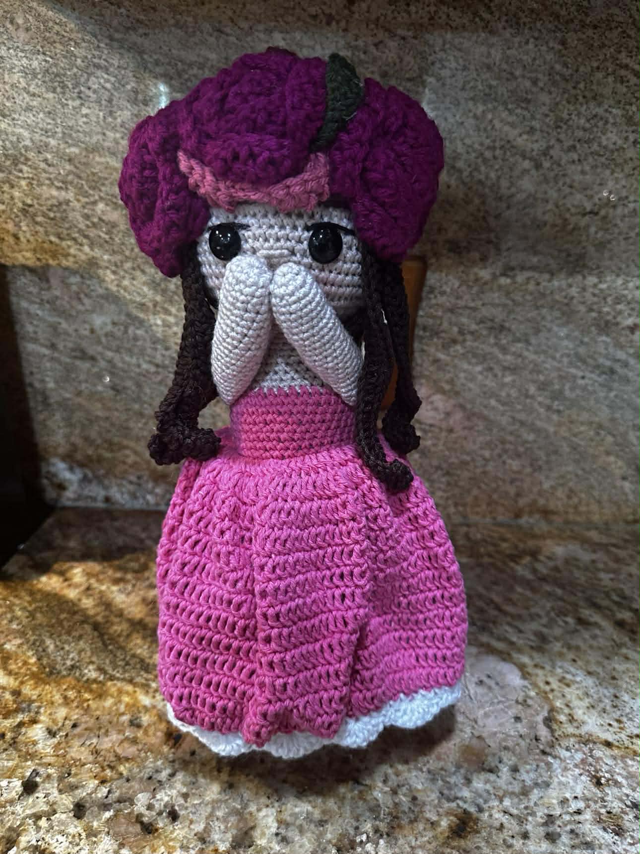 Unique Handmade Crocheted Hot Pink Dress Doll Flower Bouquet