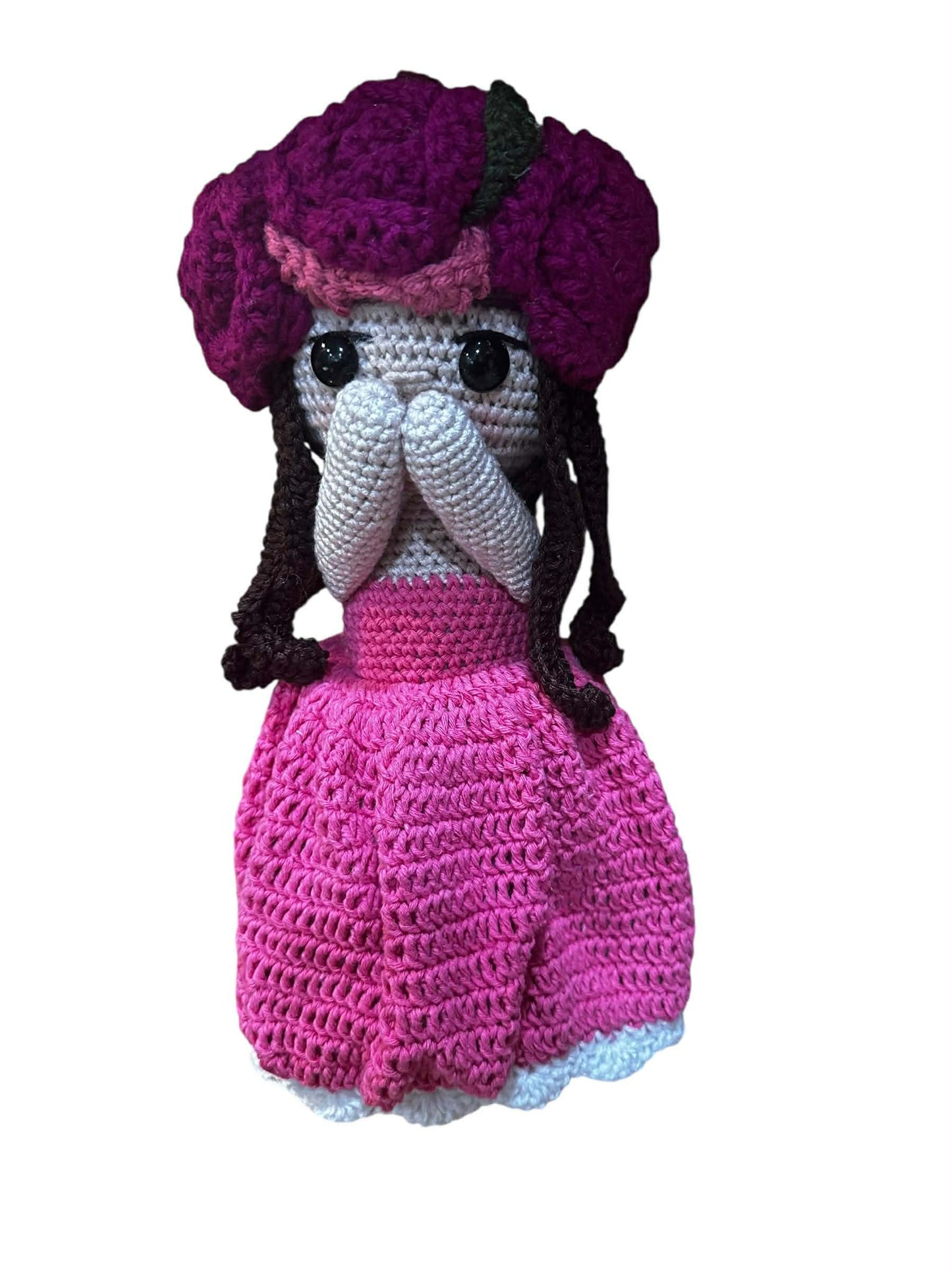 Unique Handmade Crocheted Hot Pink Dress Doll Flower Bouquet