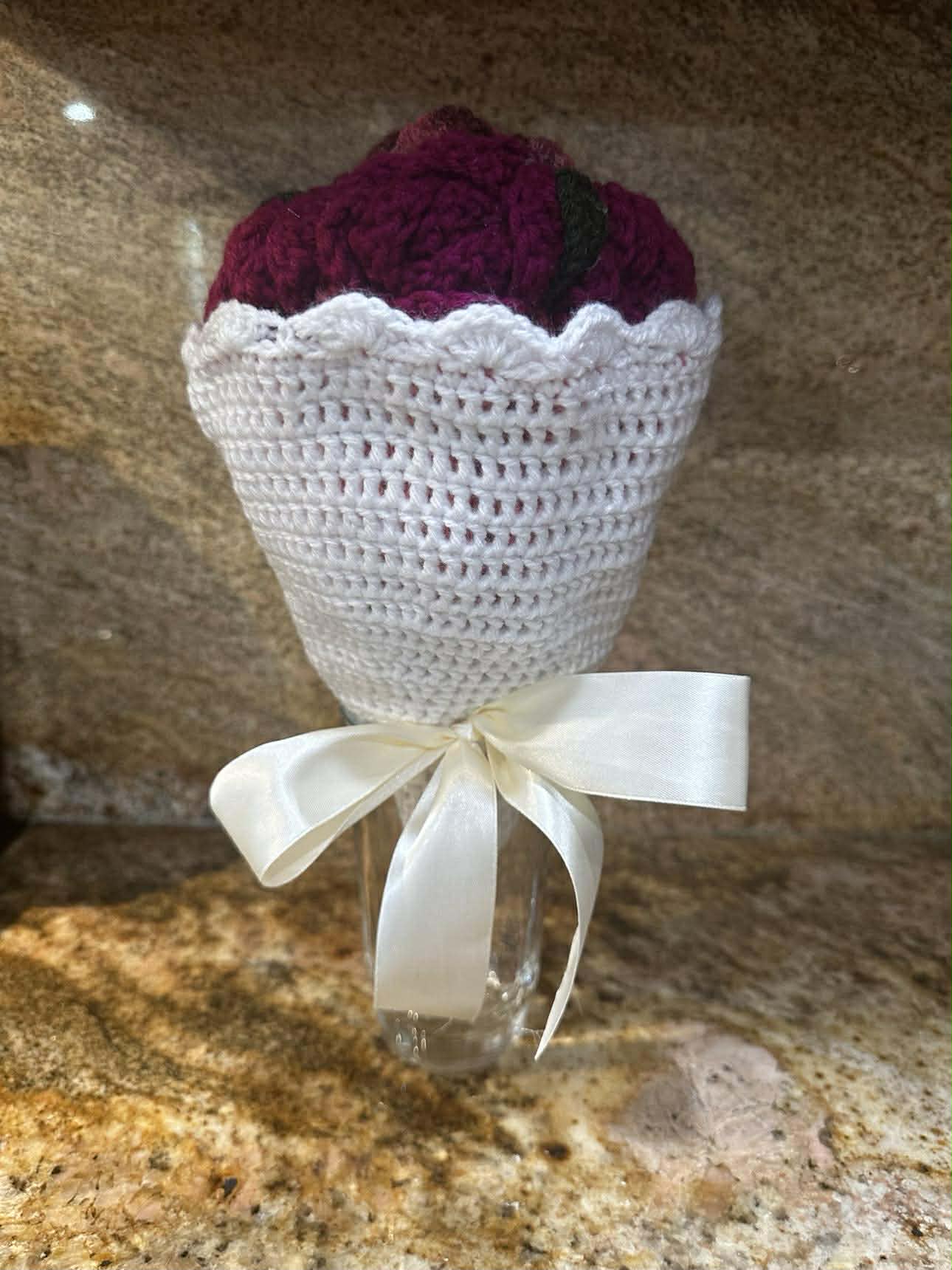 Unique Handmade Crocheted Hot Pink Dress Doll Flower Bouquet