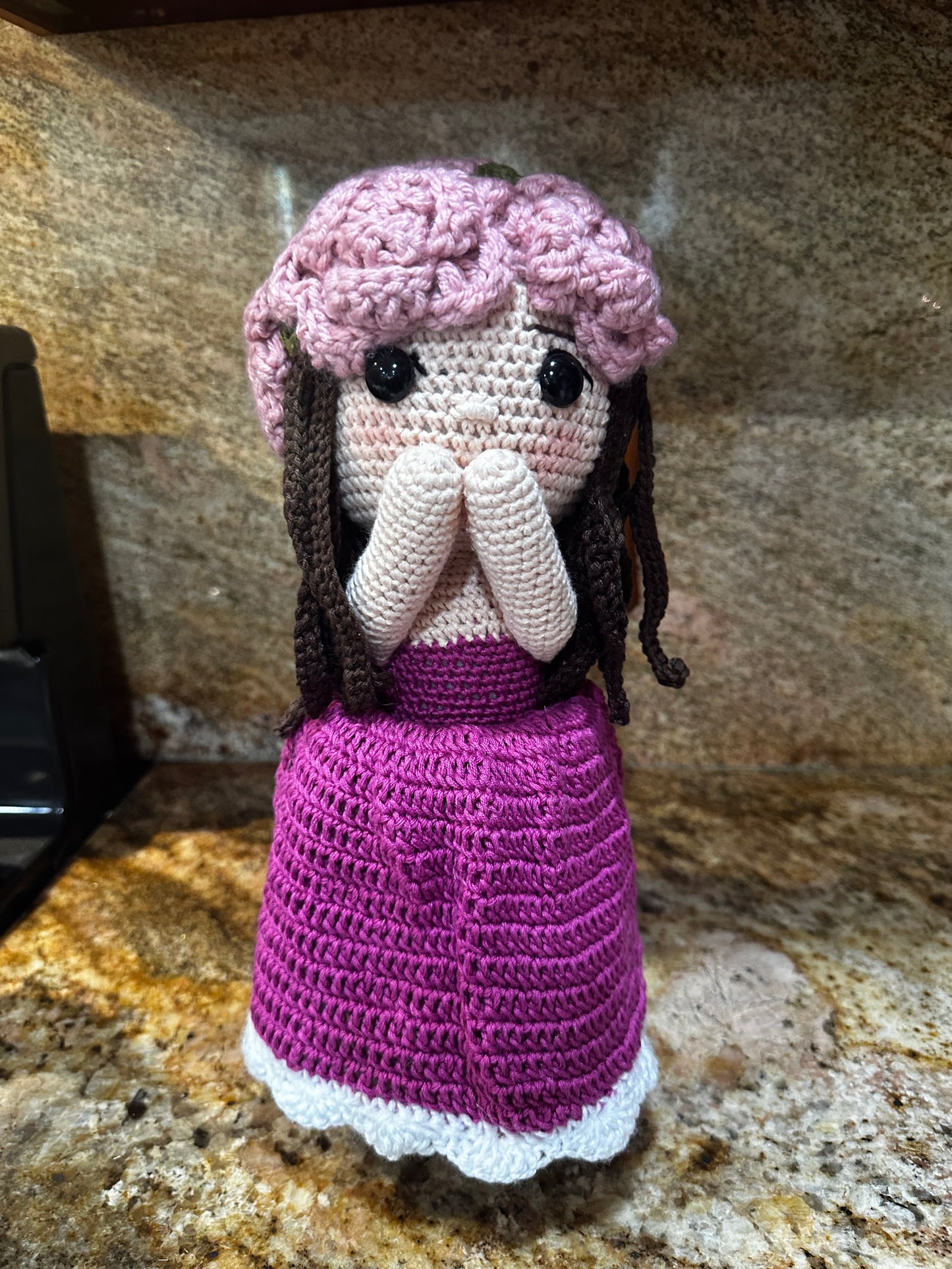 Unique Handmade Crocheted Magenta Dress Doll Flower Bouquet