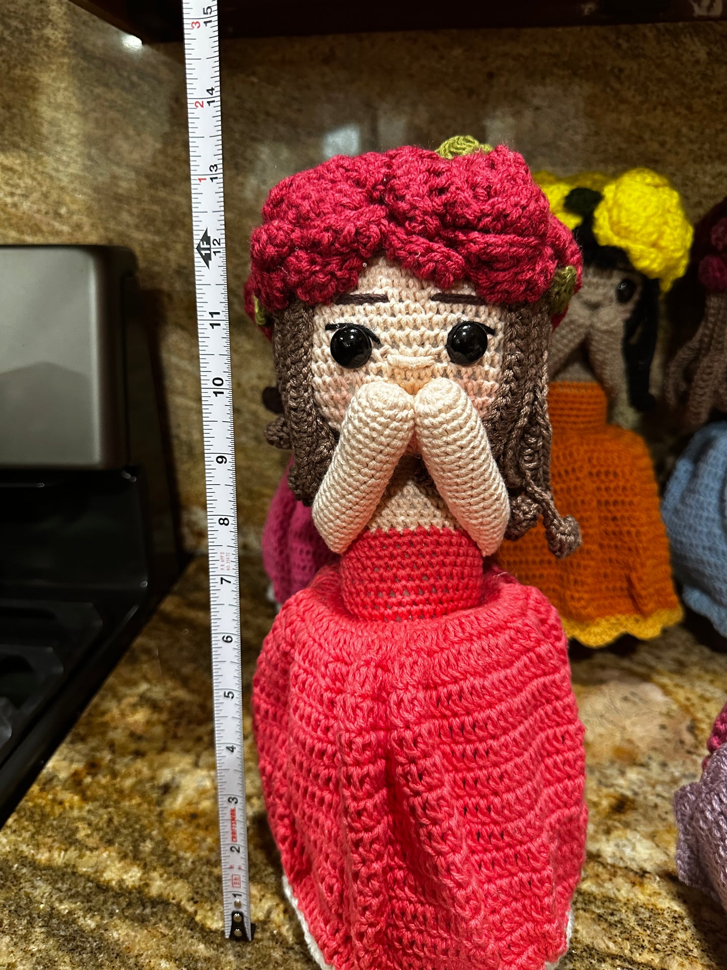 Unique Handmade Crocheted Peach Coral Dress Doll Flower Bouquet