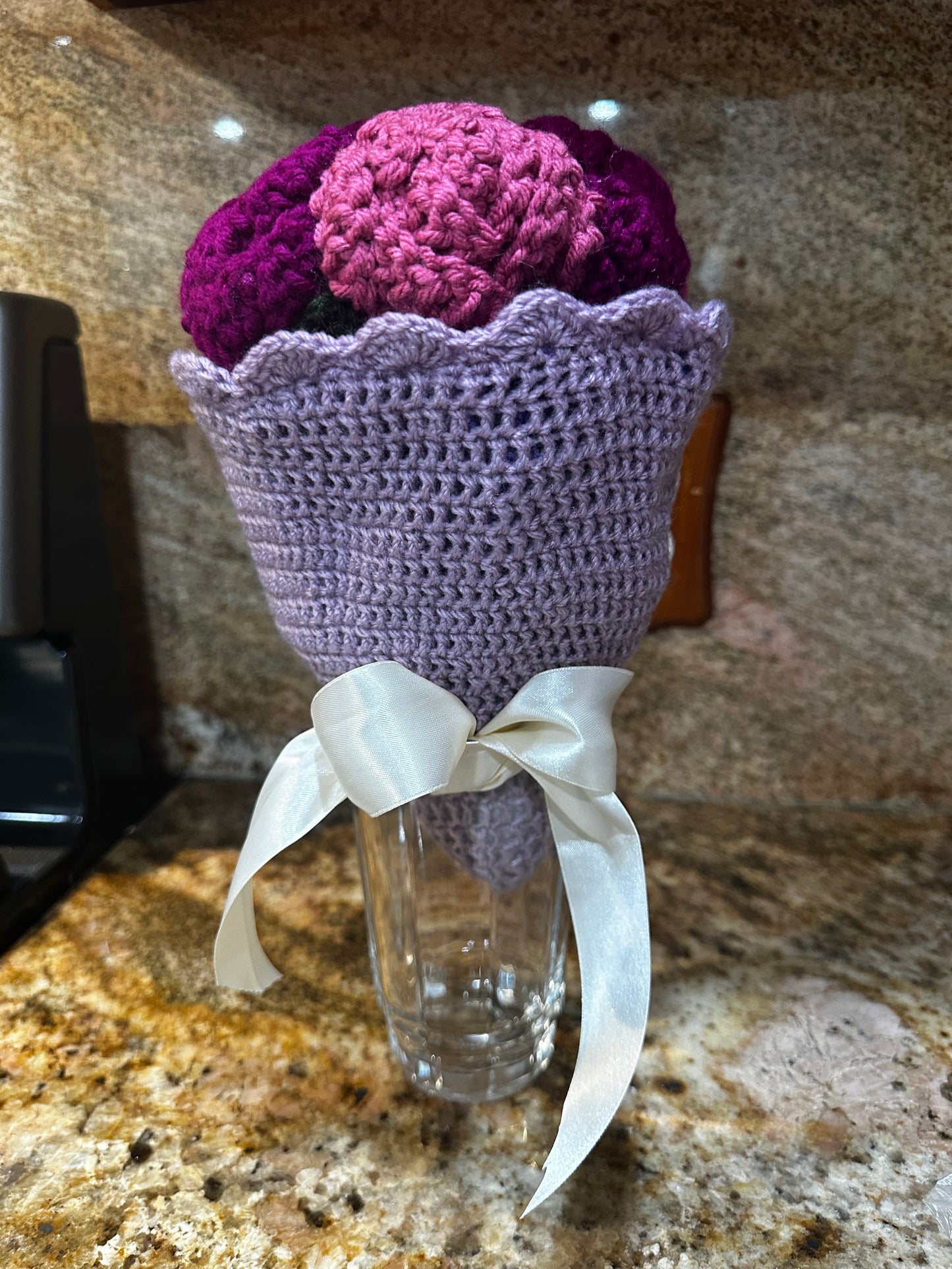 Unique Handmade Crocheted Dark Blue Dress Doll Flower Bouquet