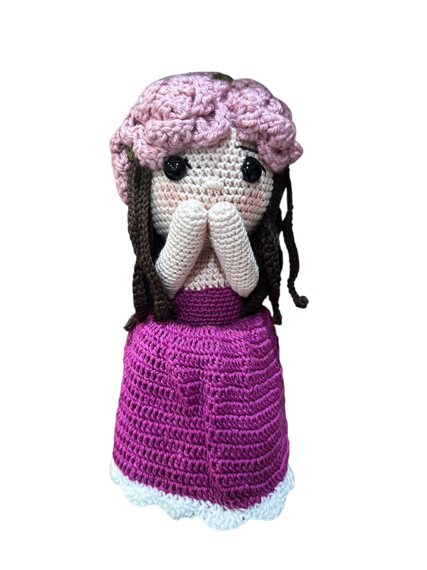 Unique Handmade Crocheted Magenta Dress Doll Flower Bouquet