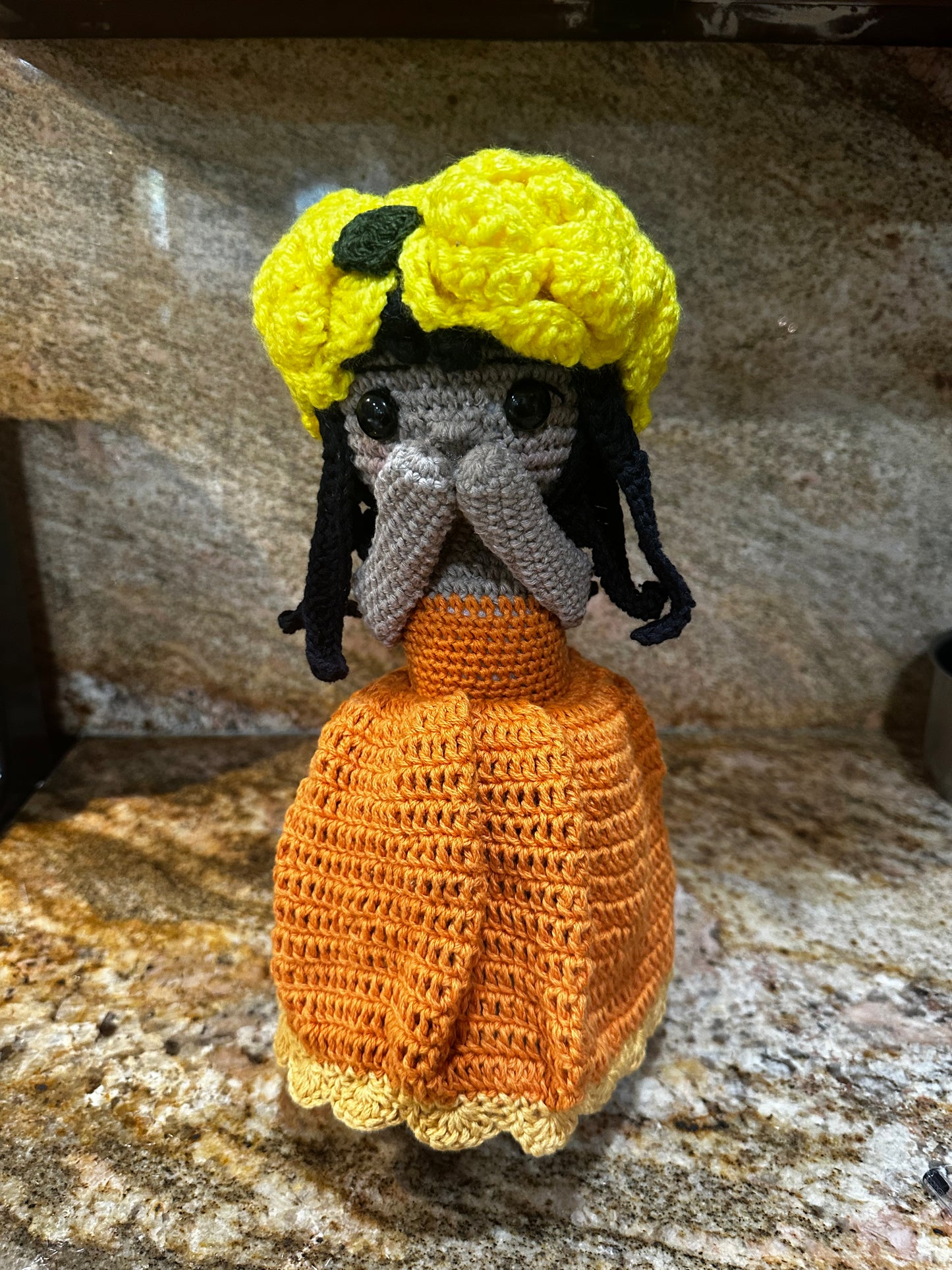 Unique Handmade Crocheted Orange Dress Doll Flower Bouquet