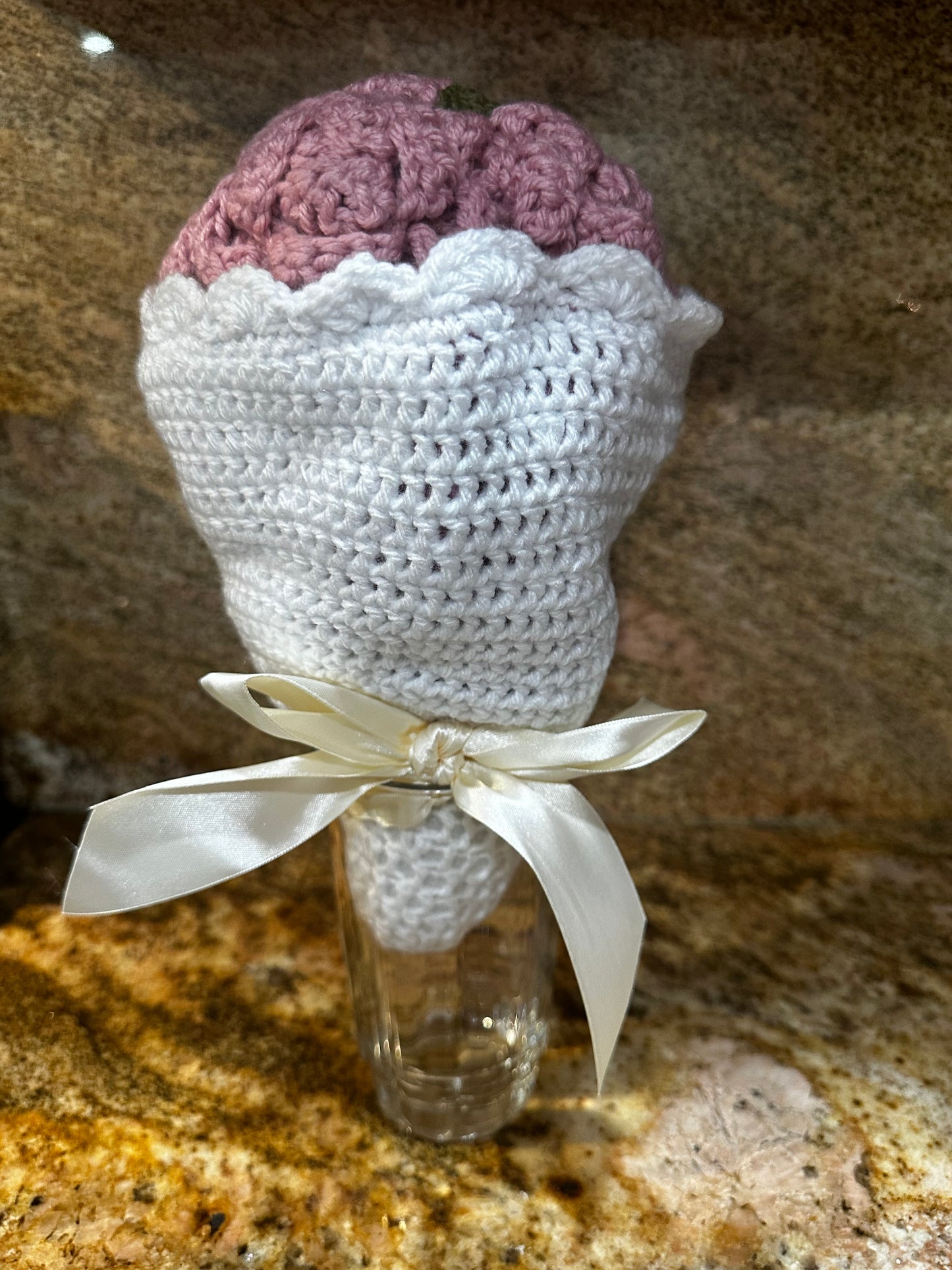 Unique Handmade Crocheted Magenta Dress Doll Flower Bouquet