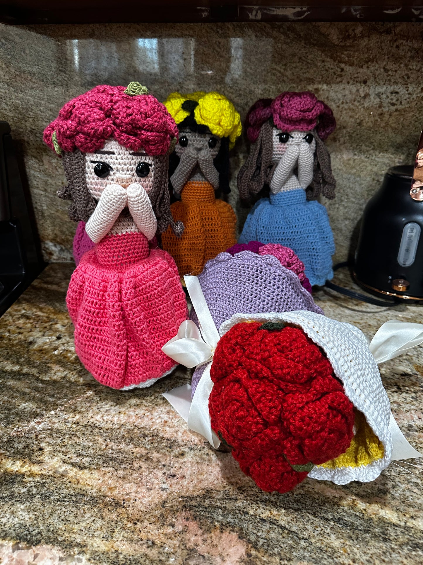 Unique Handmade Crocheted Peach Coral Dress Doll Flower Bouquet