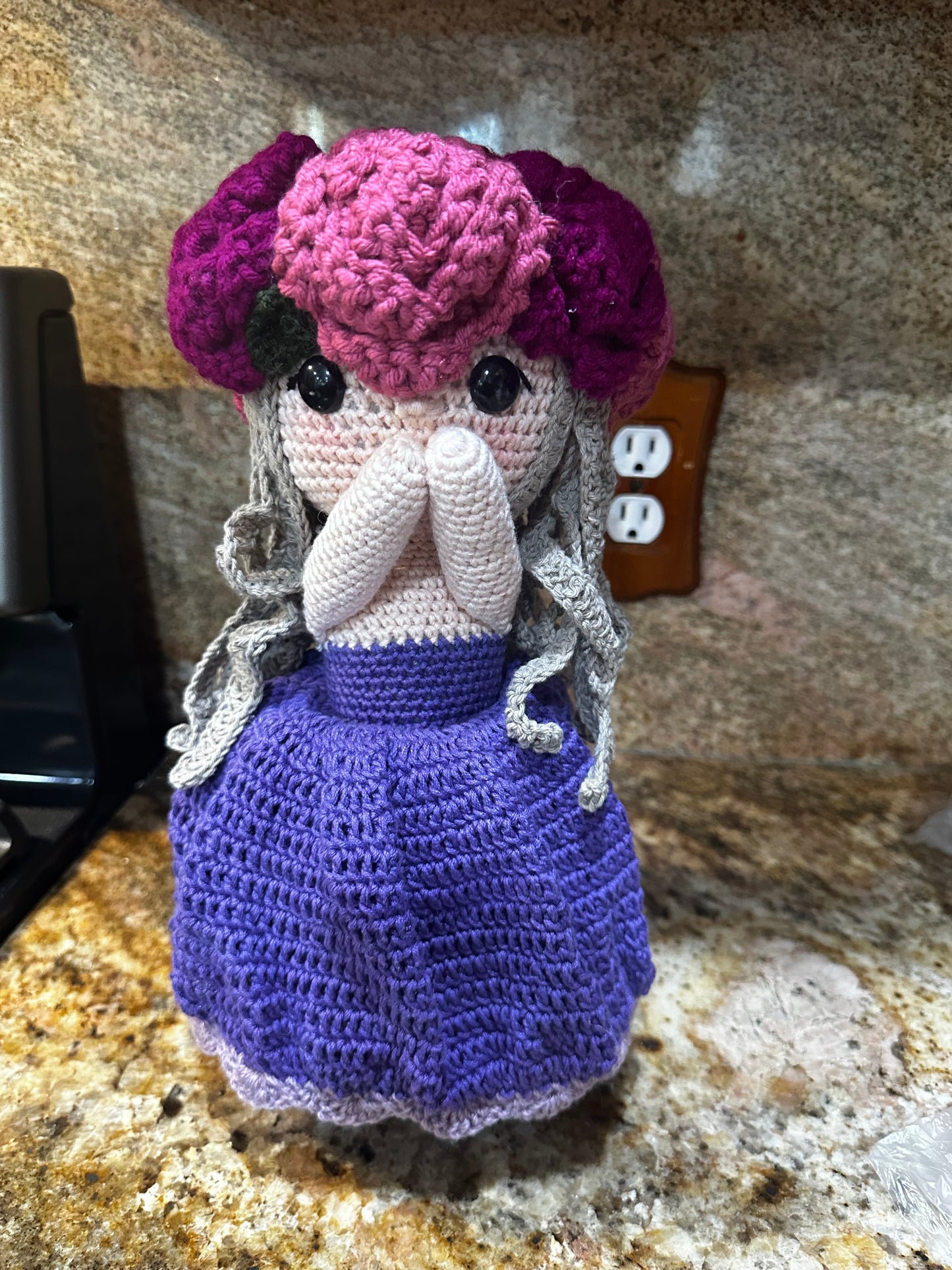 Unique Handmade Crocheted Dark Blue Dress Doll Flower Bouquet