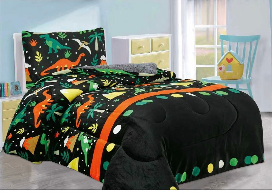 Dinosaur 2 pieces Twin Flannel Fleece Borrego Blanket and Pillow Case Set