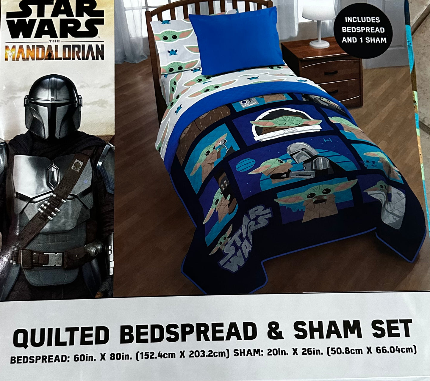 2 Pieces Twin Size Star Wars Mandalorian "Where I Go He Goes" Quilted Bedspread & Pillow Sham Set