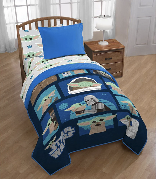 2 Pieces Twin Size Star Wars Mandalorian "Where I Go He Goes" Quilted Bedspread & Pillow Sham Set