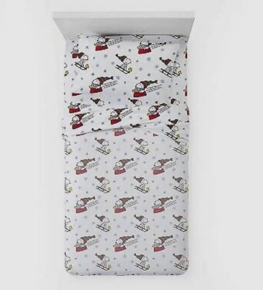 3 Pieces Twin Snoopy Peanuts Sledding All The Way Flannel Sheet Set