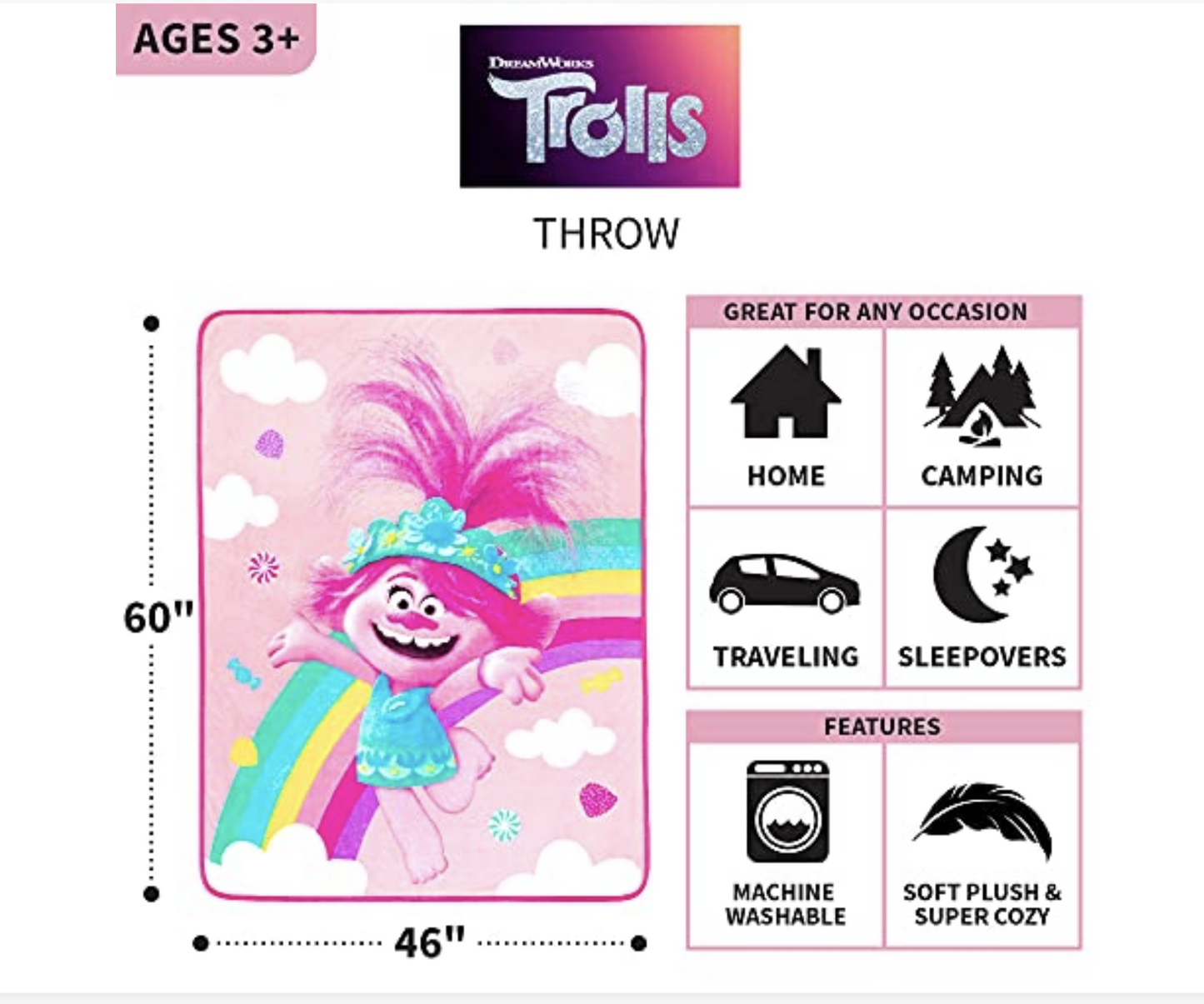 Trolls World Tour Super Soft Fleece Throw 46"x60" Blanket