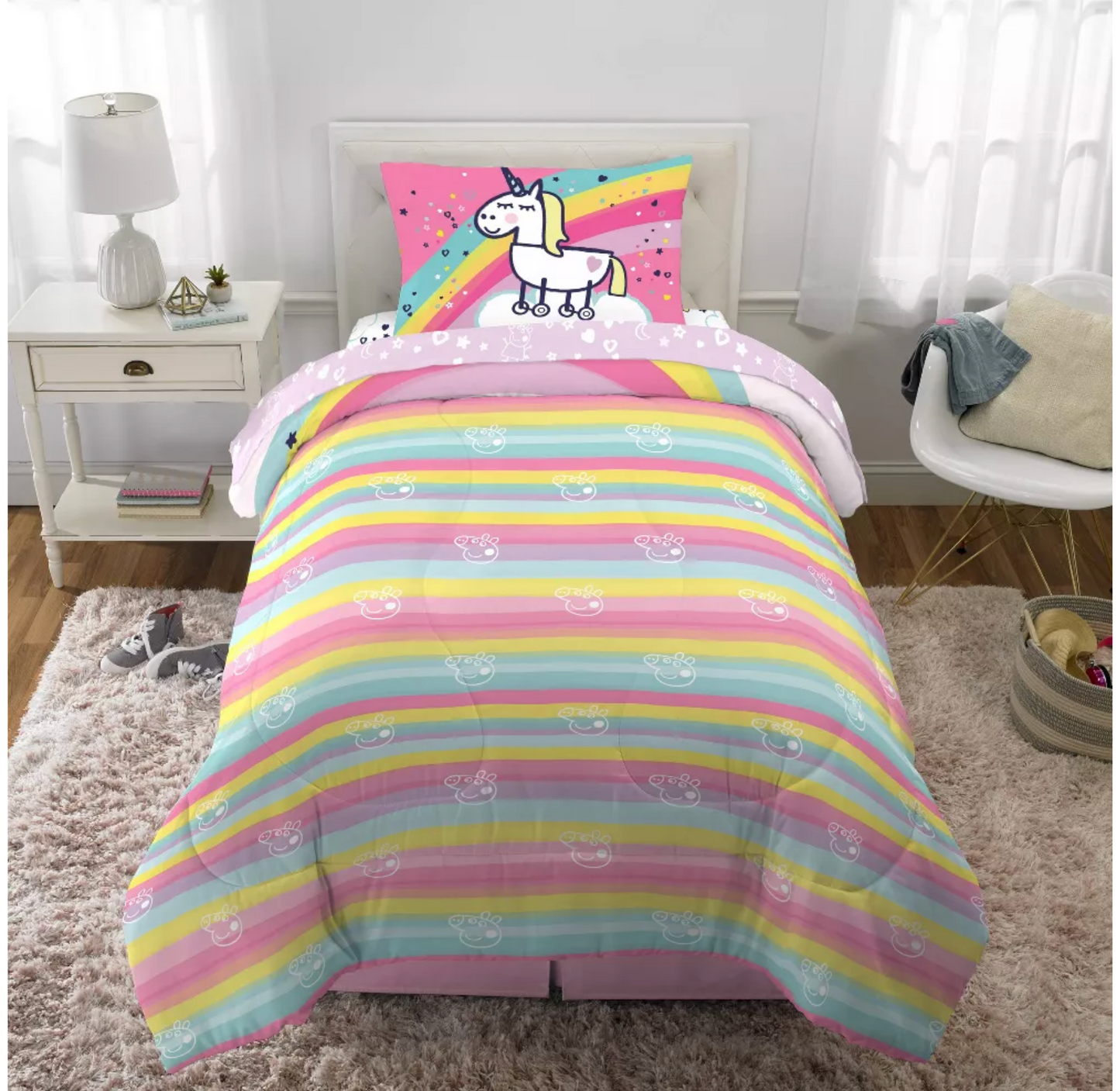 Twin Peppa Pig Rainbow Dreamer Reversible Kids' Bedding 4 Pieces Comforter Set